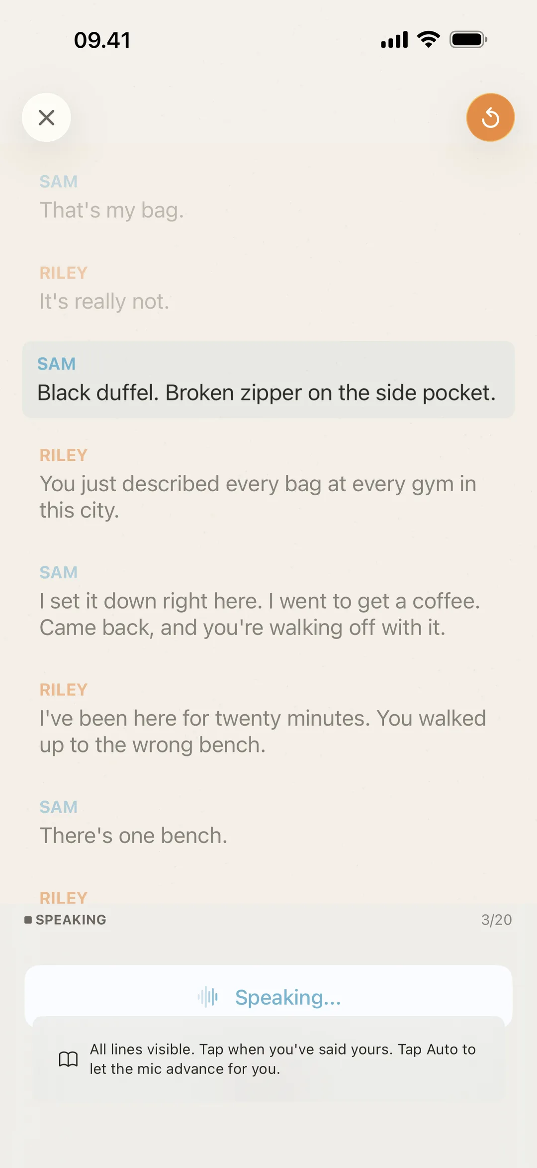 blablabla rehearsal screen mid-scene, with a partner's line being spoken aloud