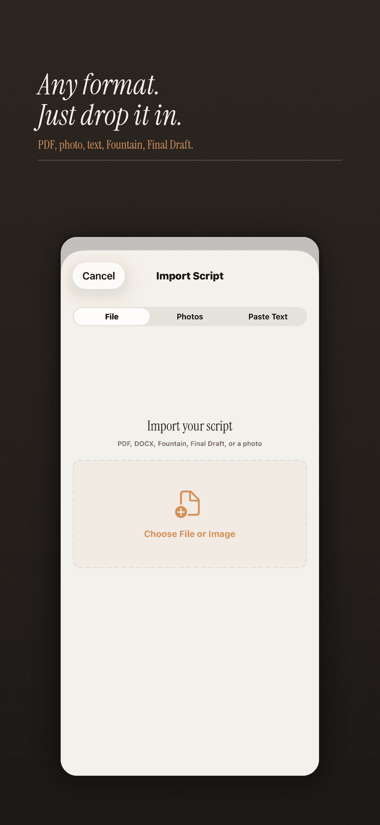 Screenshot of scene import screen supporting PDF, DOCX, Fountain, and image formats