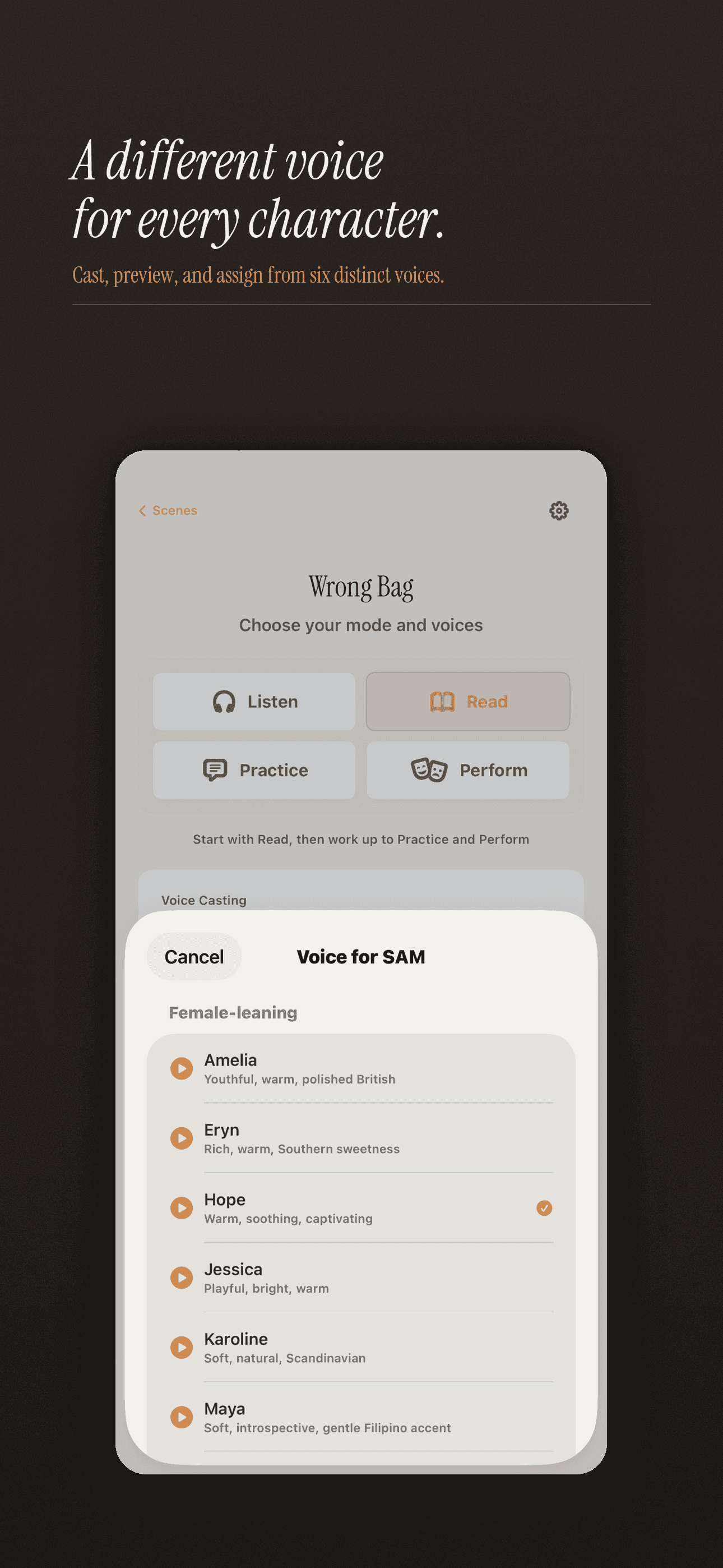 Screenshot of voice casting screen with distinct character voice assignments