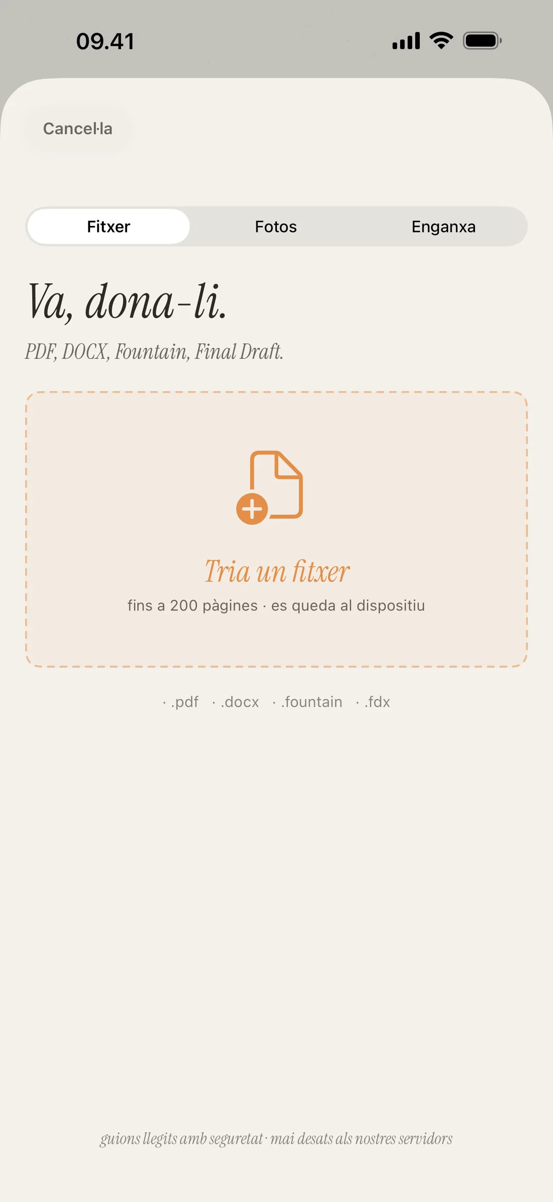Captura de pantalla de la pantalla d'importació d'escenes amb suport per a PDF, DOCX, Fountain i formats d'imatge