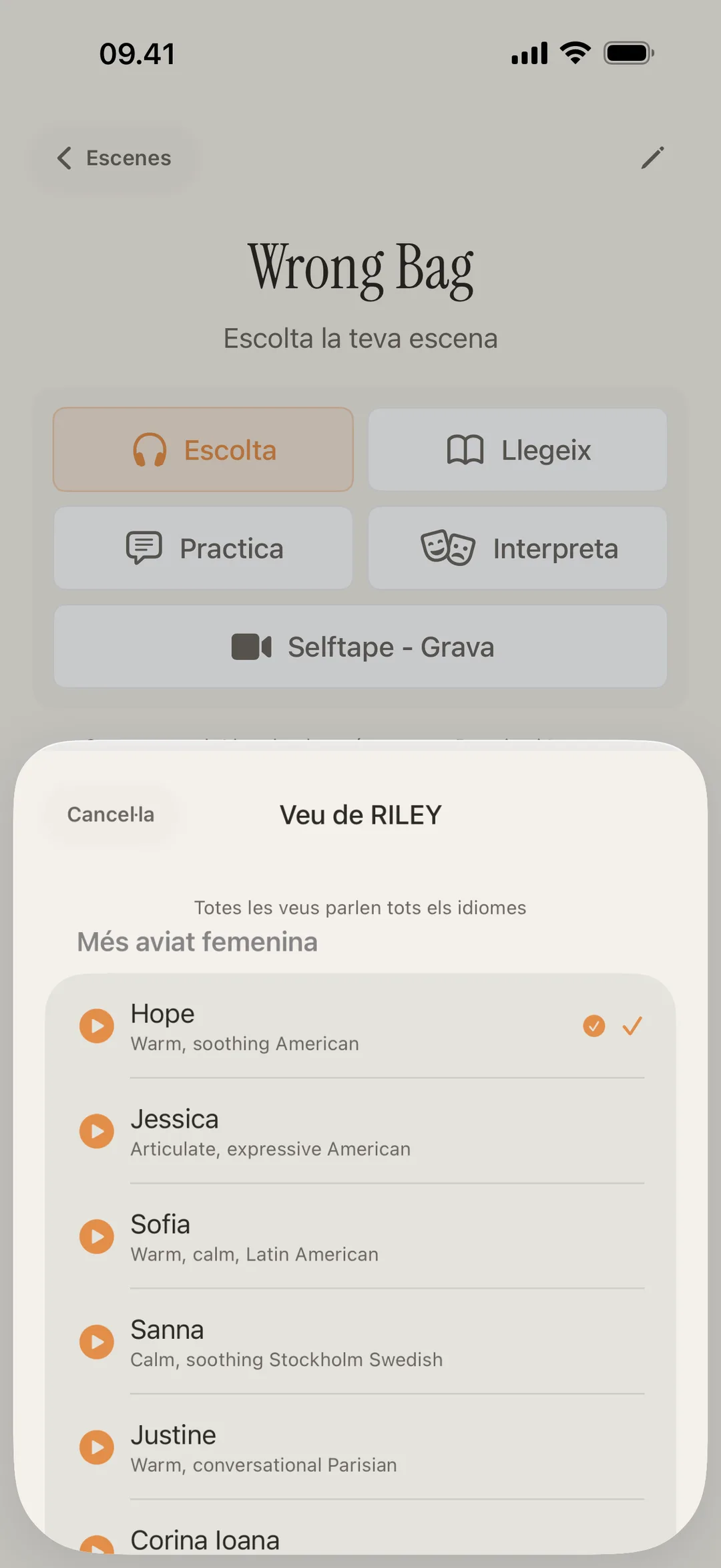 Captura de pantalla de la biblioteca de veus de blablabla amb personatges diferenciats i accents diversos