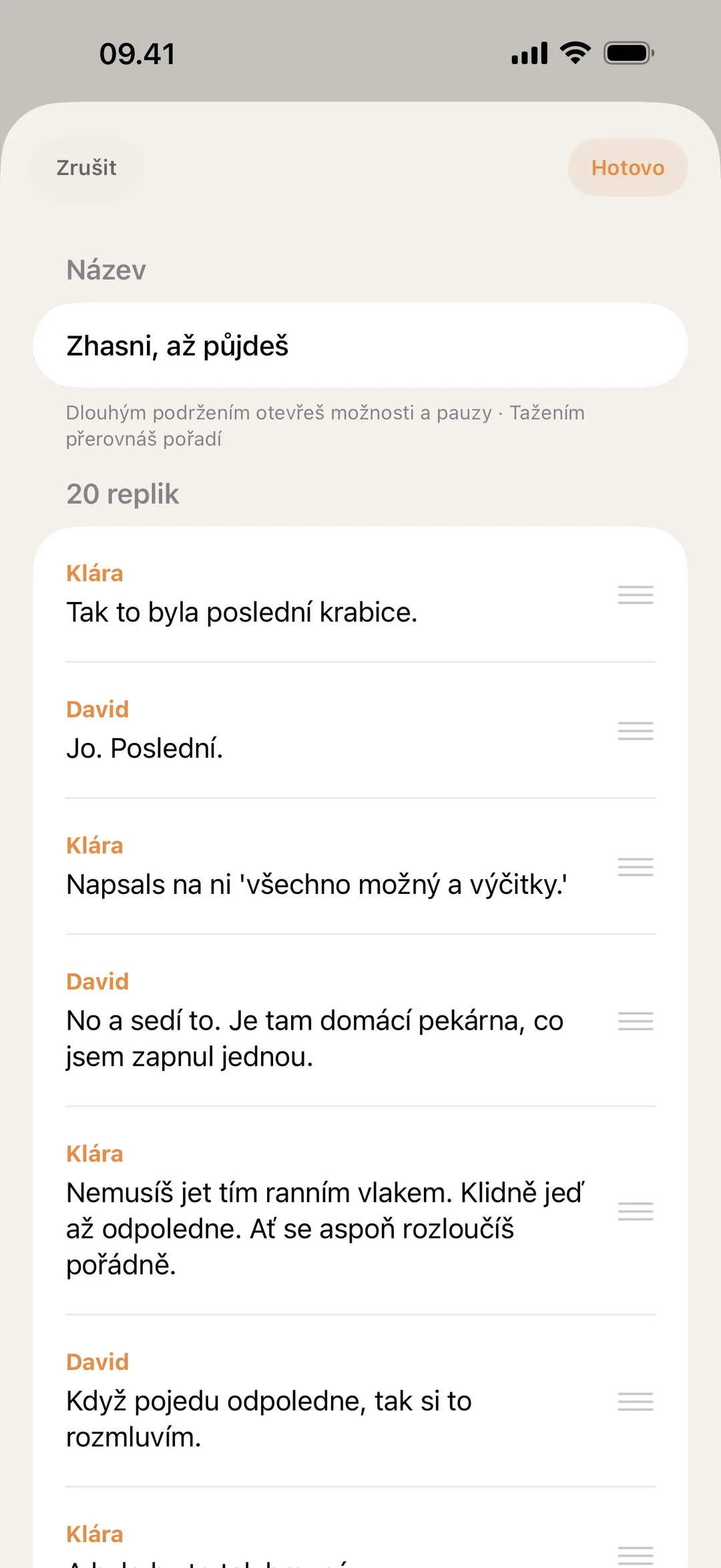 Screenshot editoru scény blablabla, kde se přehazují a upravují repliky