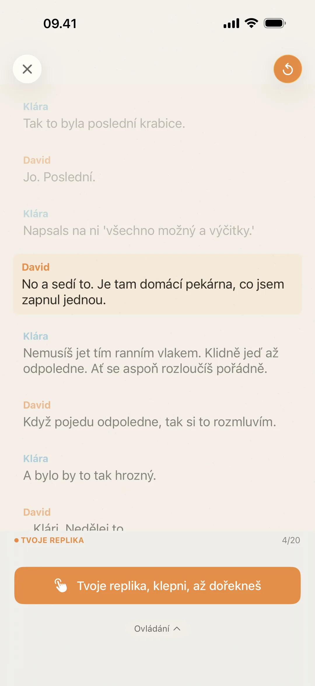 Screenshot blablabla čekajícího na hercovu repliku s výzvou klepnout, až skončí