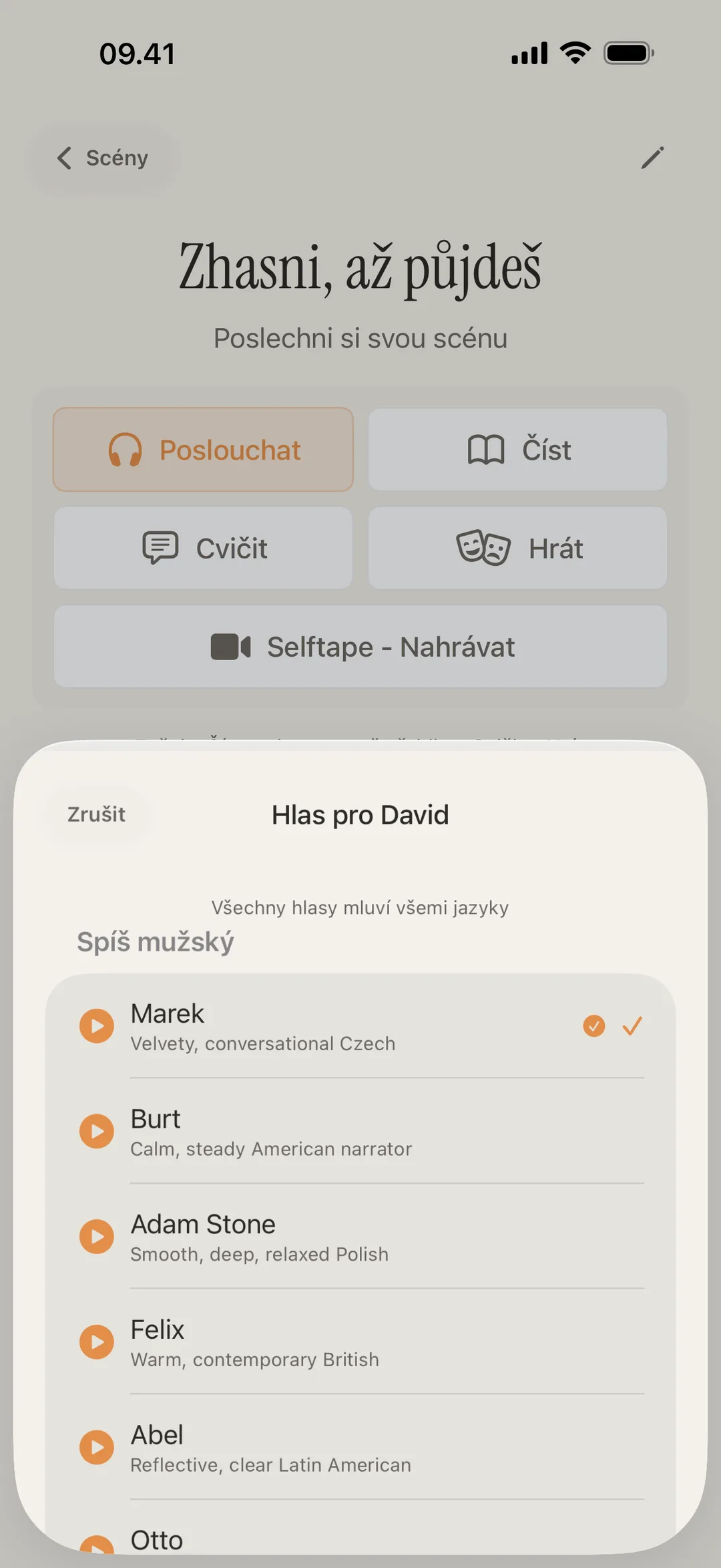 Screenshot knihovny hlasů blablabla s různými postavami a odlišnými přízvuky