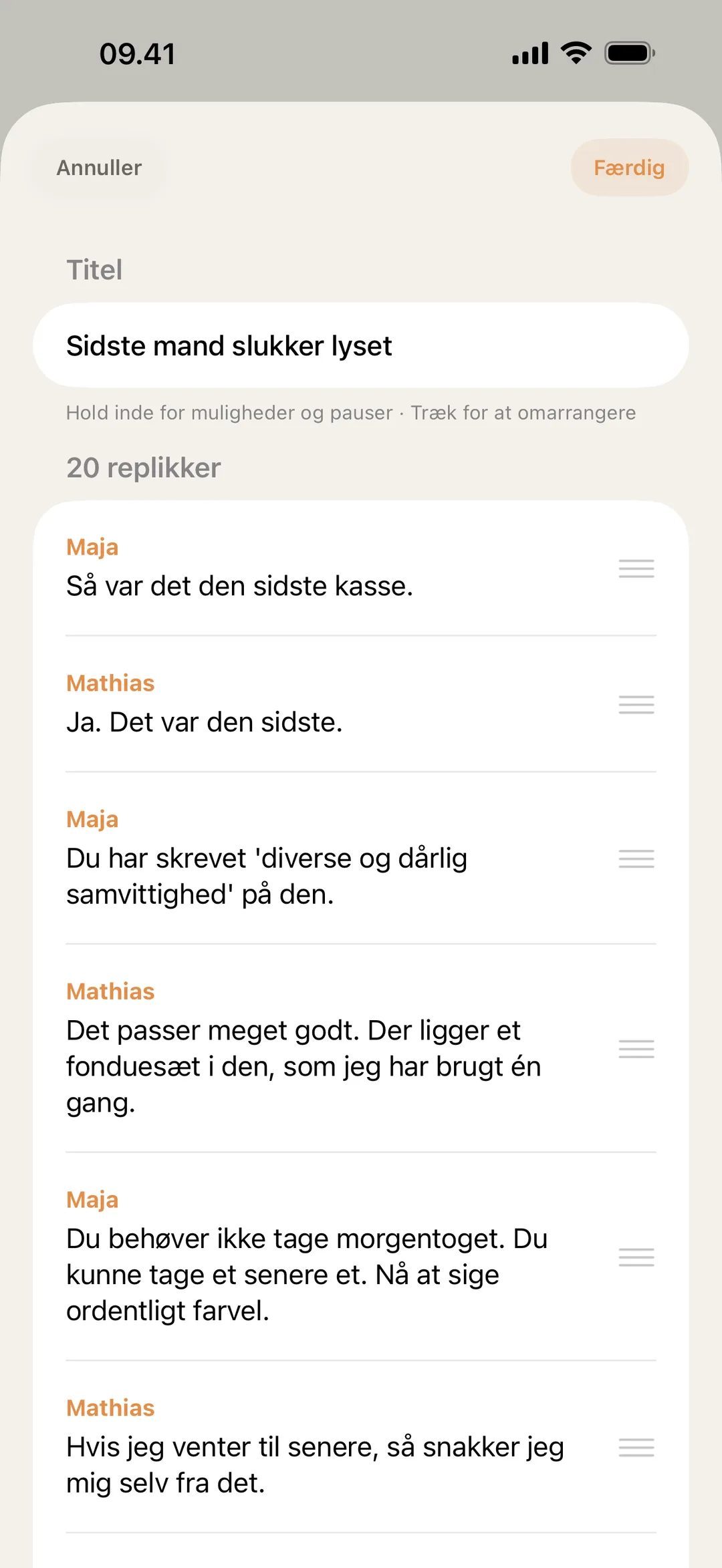Screenshot af blablabla's sceneeditor, hvor replikker flyttes rundt og redigeres