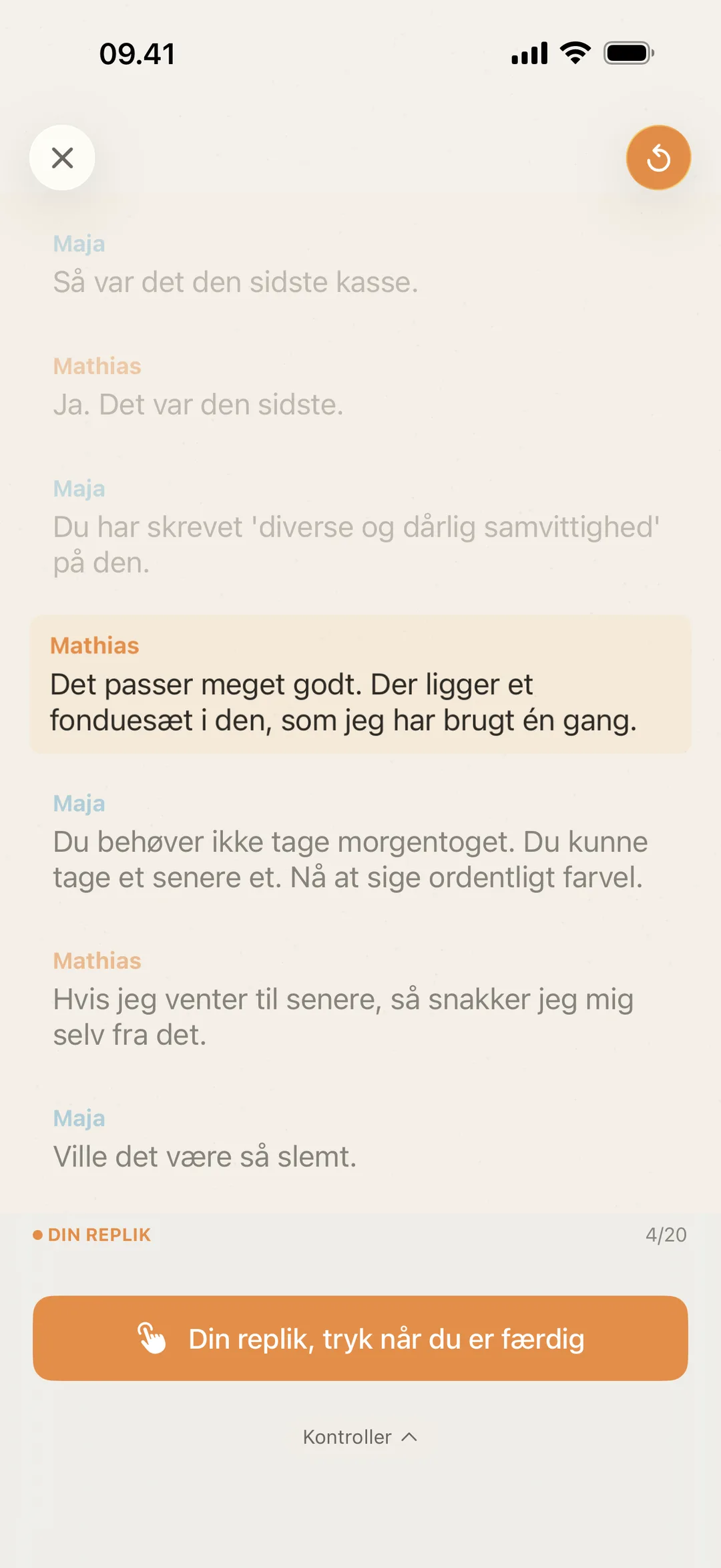 Screenshot af blablabla, der venter på skuespillerens tur, med en prompt til at trykke, når de har sagt deres replik