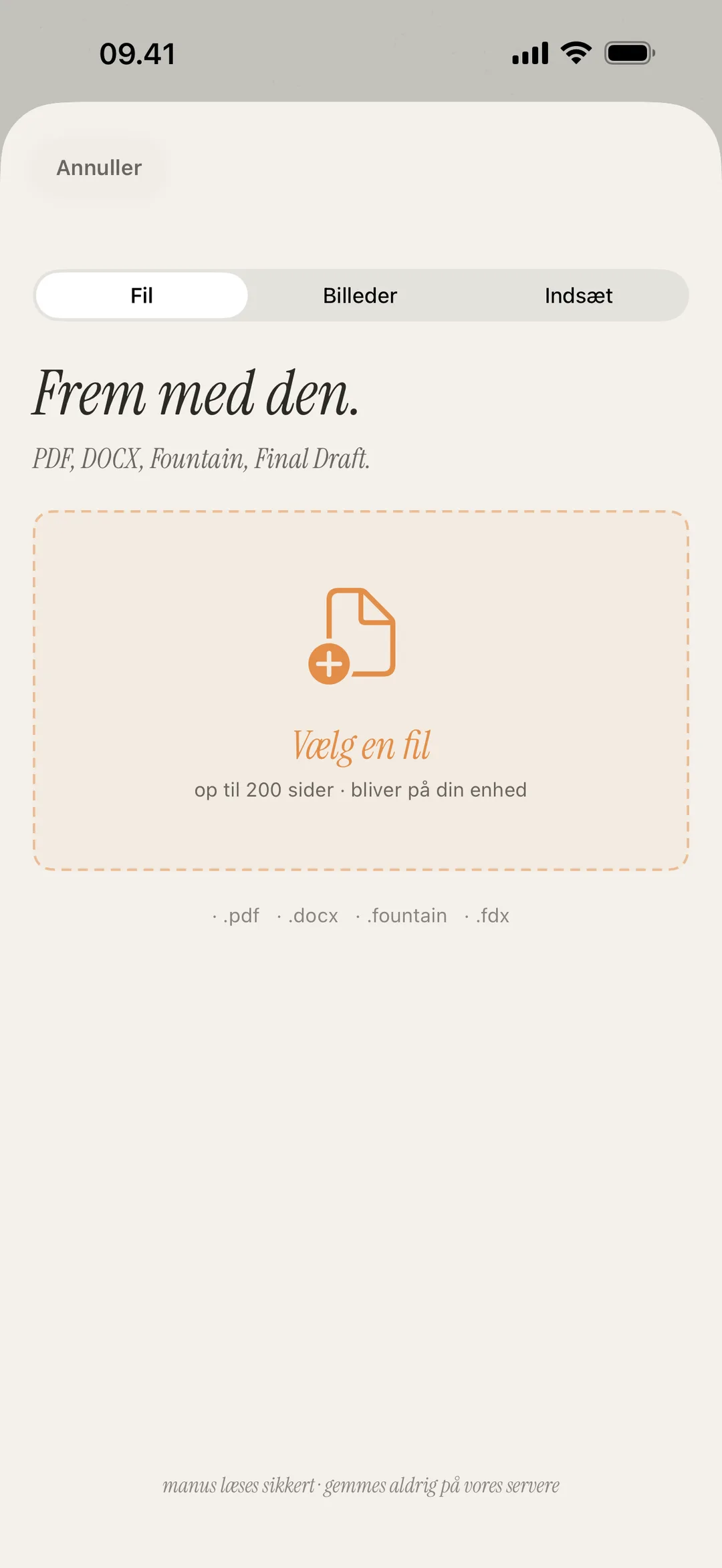 Screenshot af sceneimportskærm med support til PDF, DOCX, Fountain og billedformater