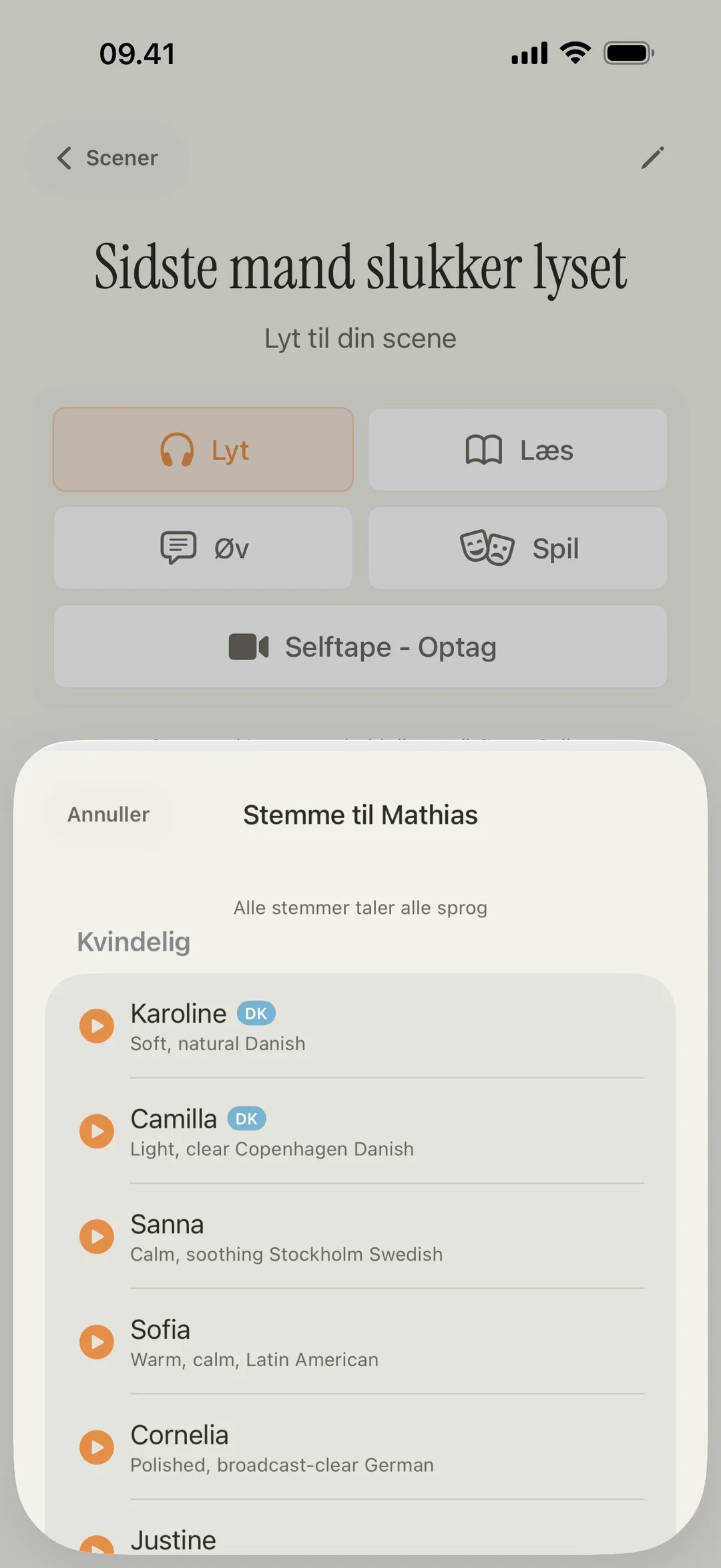Screenshot af blablabla's stemmebibliotek med distinkte karakterstemmer med forskellige accenter
