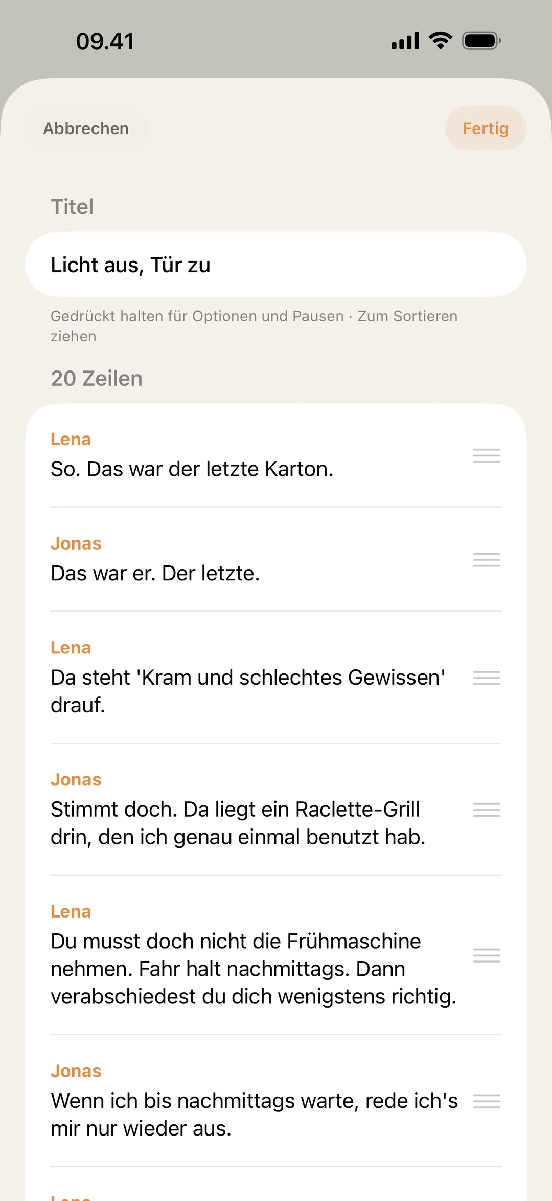 Screenshot des blablabla-Szeneneditors, in dem Zeilen umsortiert und bearbeitet werden