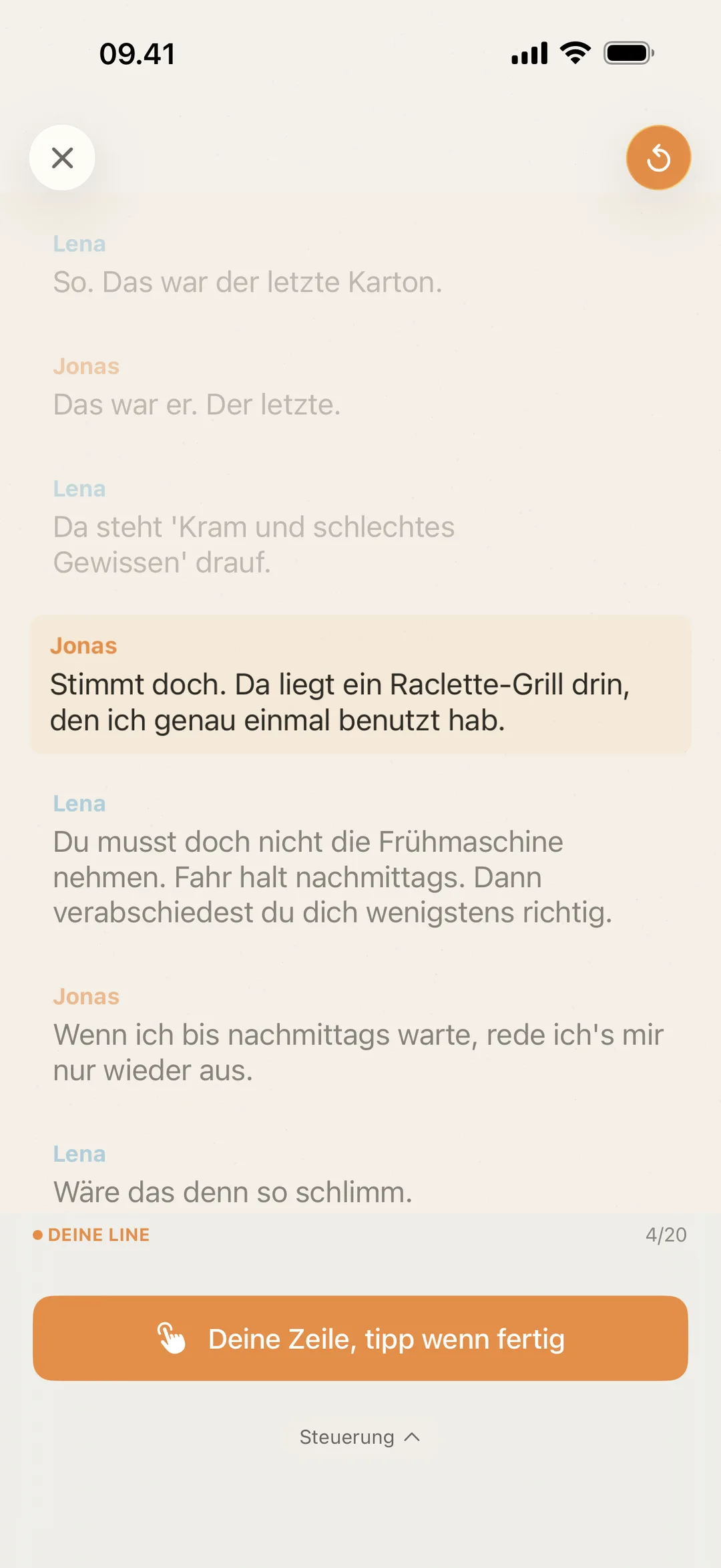 Screenshot von blablabla, das wartet, bis du dran bist, mit dem Hinweis zum Antippen, sobald du deine Zeile gesagt hast
