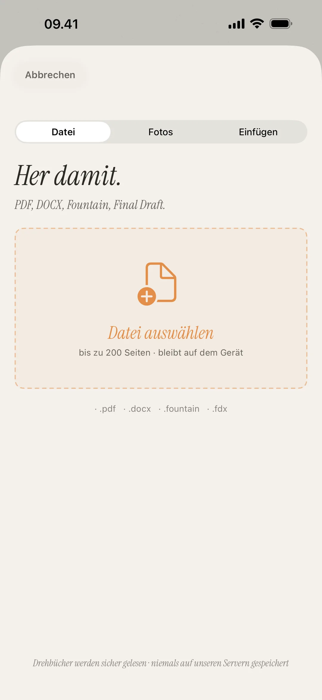 Screenshot des Szenen-Imports mit Unterstützung für PDF, DOCX, Fountain und Bildformate