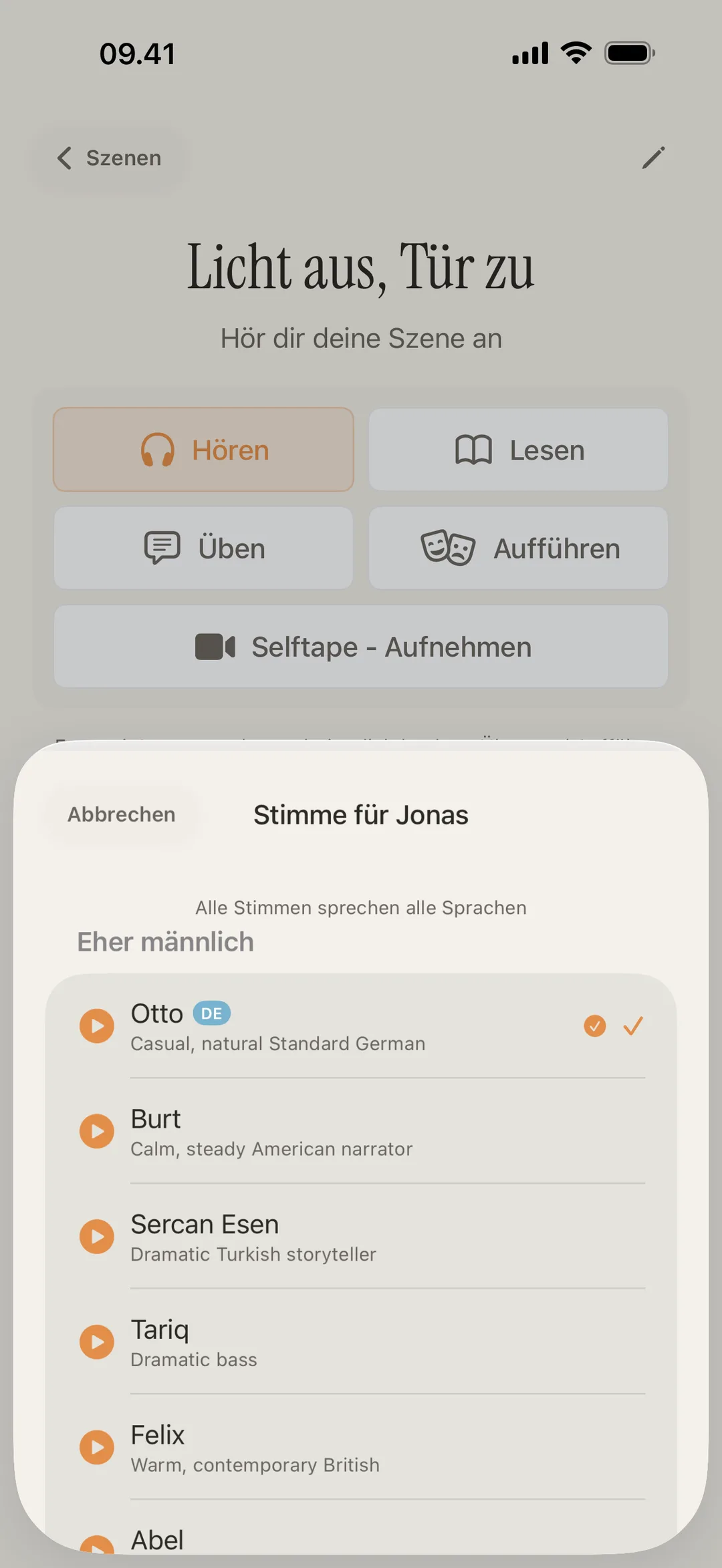 Screenshot der blablabla-Stimmenbibliothek mit eigenen Figurenstimmen in verschiedenen Akzenten