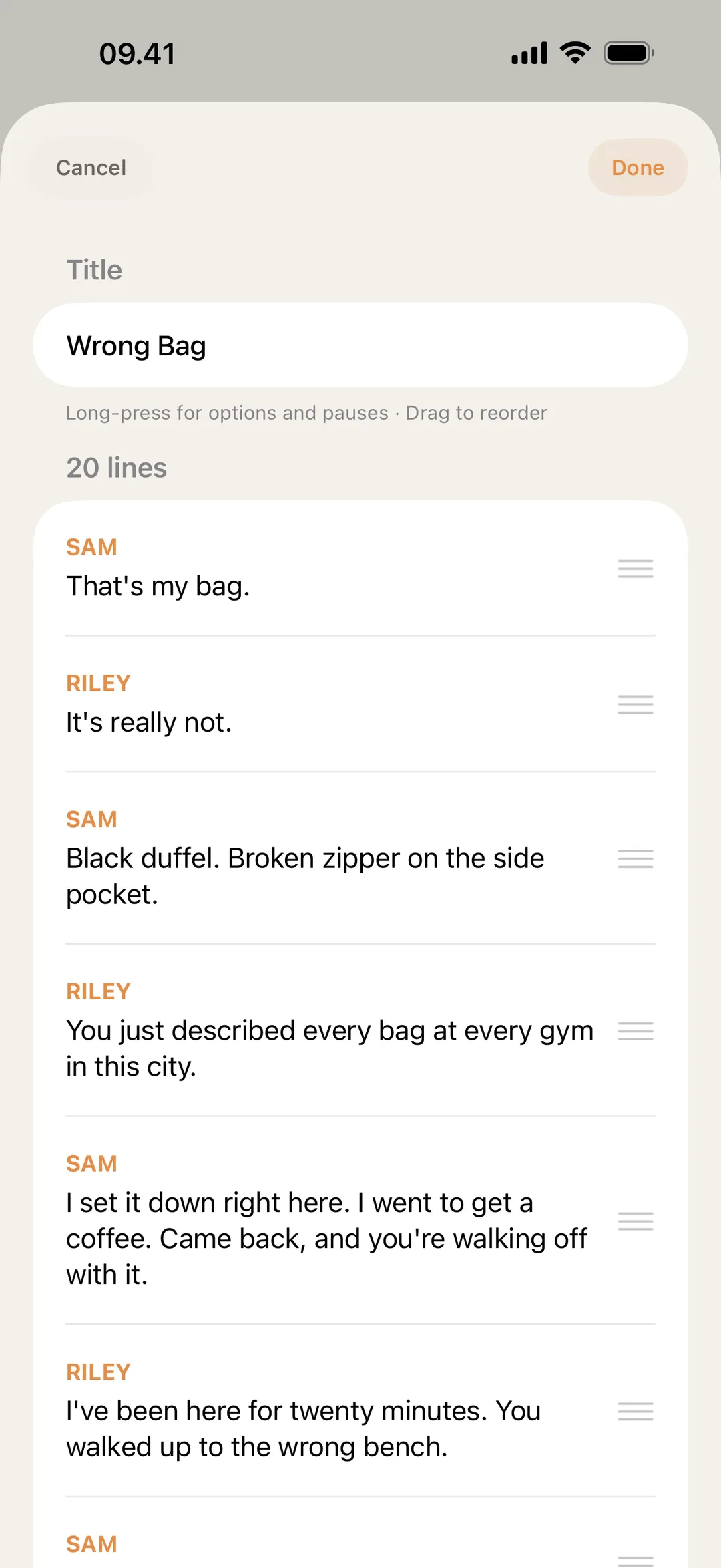 Screenshot of the blablabla scene editor with lines being reordered and edited