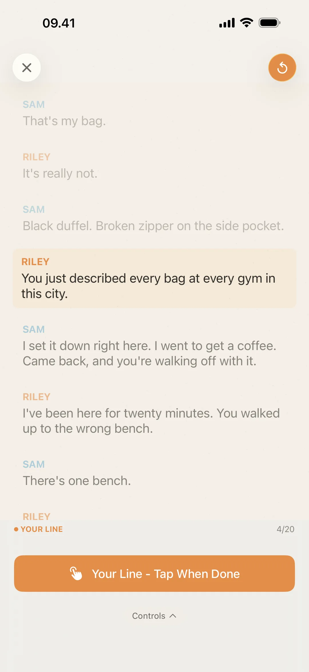 Screenshot of blablabla waiting on the actor's turn, with a prompt to tap once they have said their line