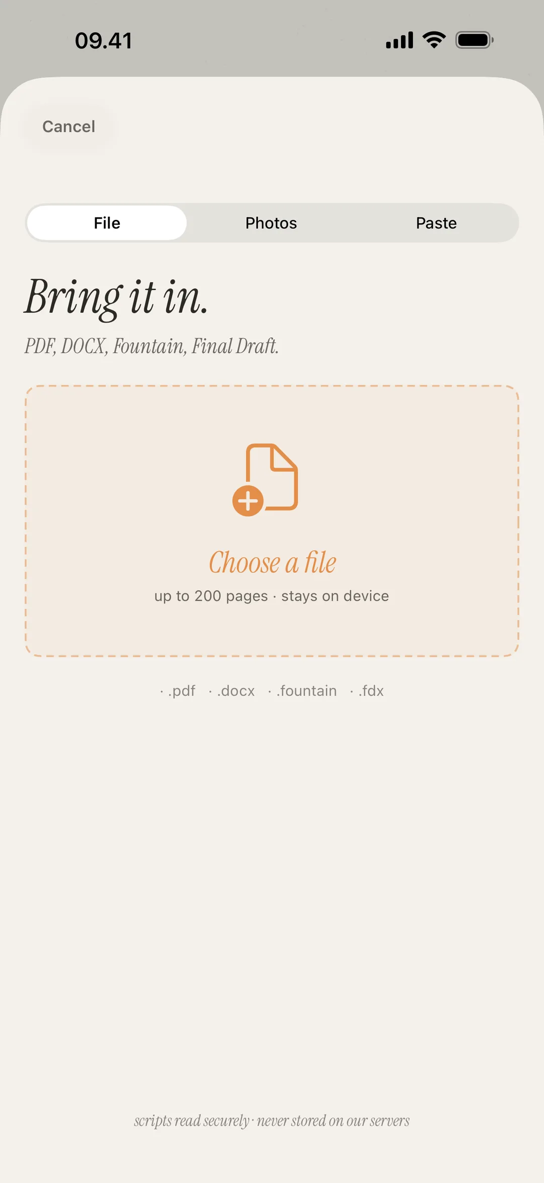 Screenshot of scene import screen supporting PDF, DOCX, Fountain, and image formats