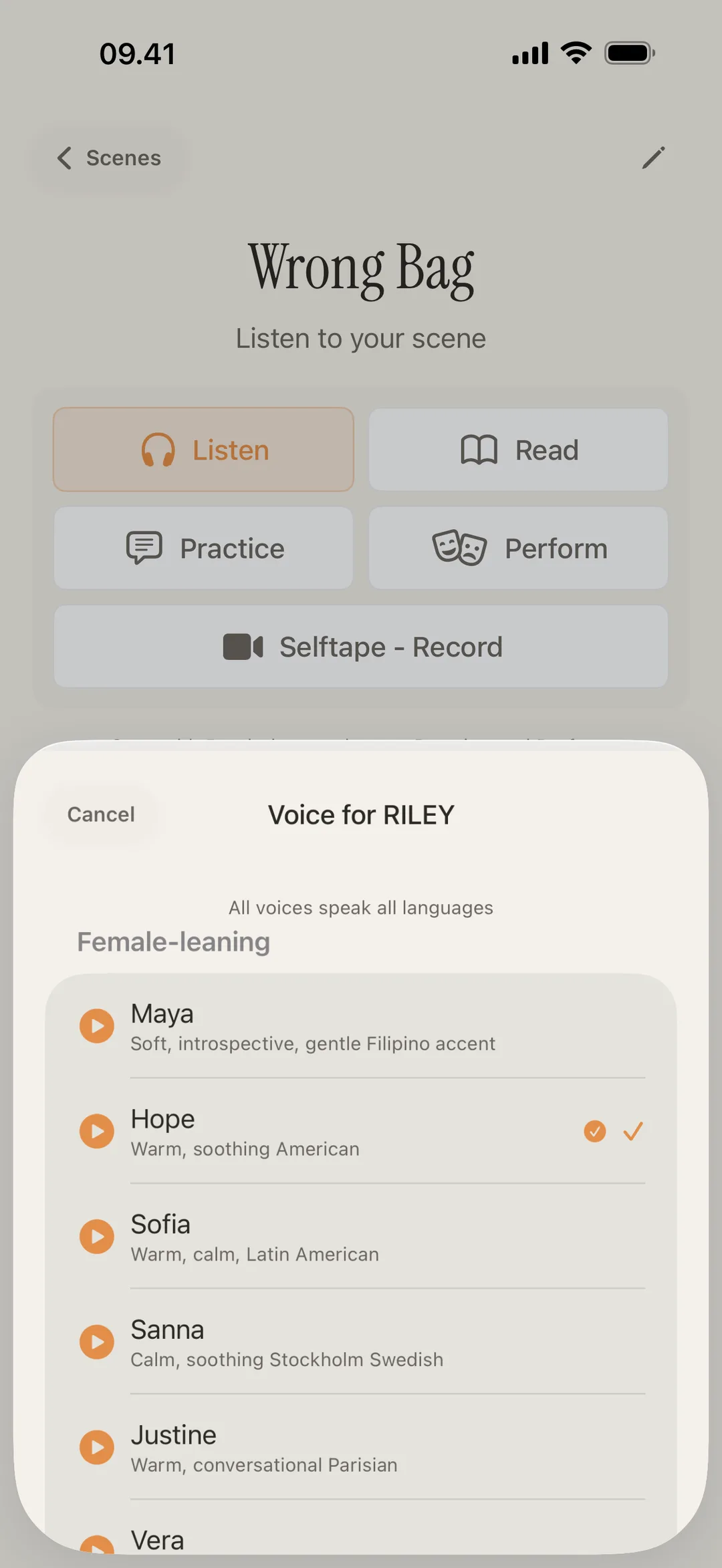 Screenshot of the blablabla voice library showing distinct character voices with different accents