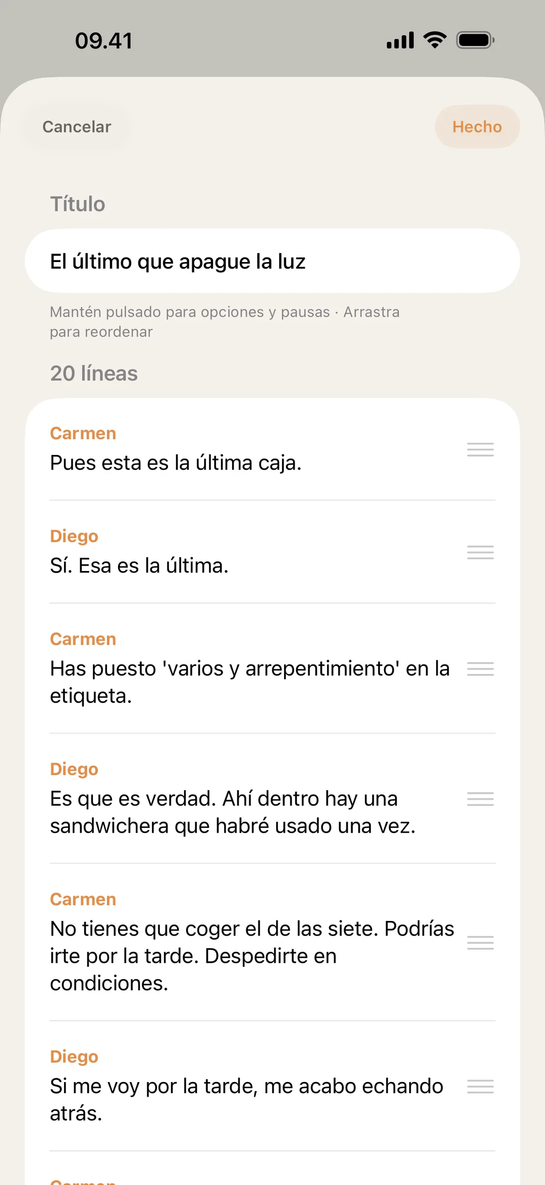 Captura del editor de escenas de blablabla reordenando y editando réplicas