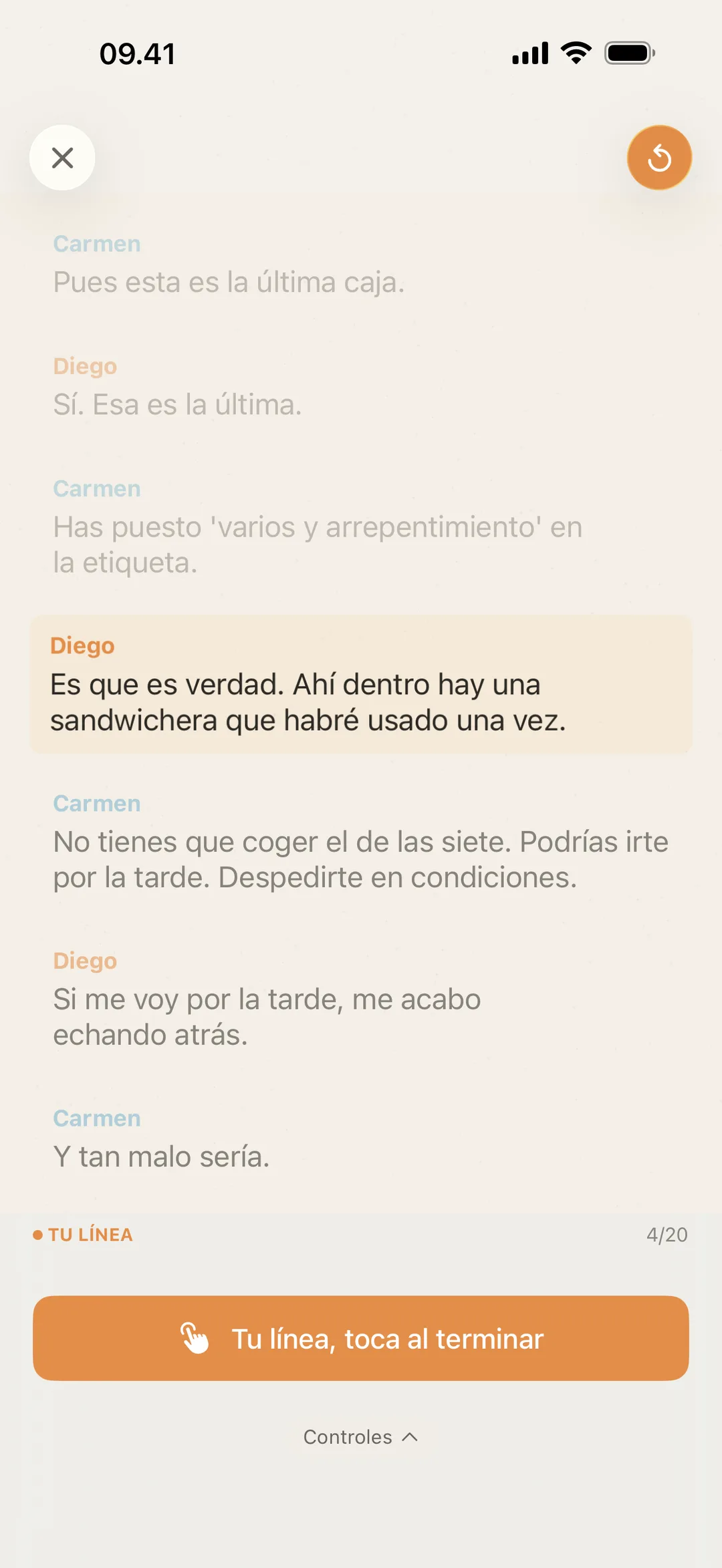 Captura de blablabla esperando el turno del actor, con un aviso para tocar una vez que ha dicho su réplica