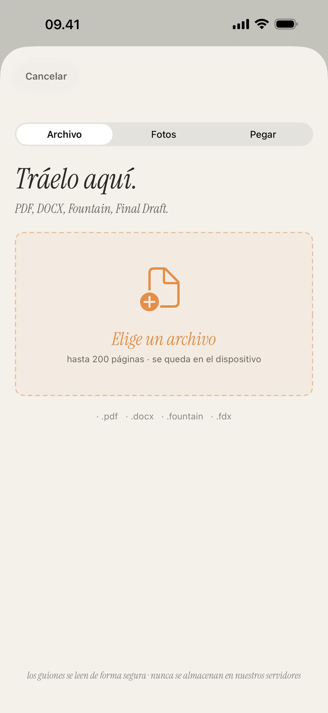 Captura de la pantalla de importación de escenas con soporte para PDF, DOCX, Fountain e imágenes