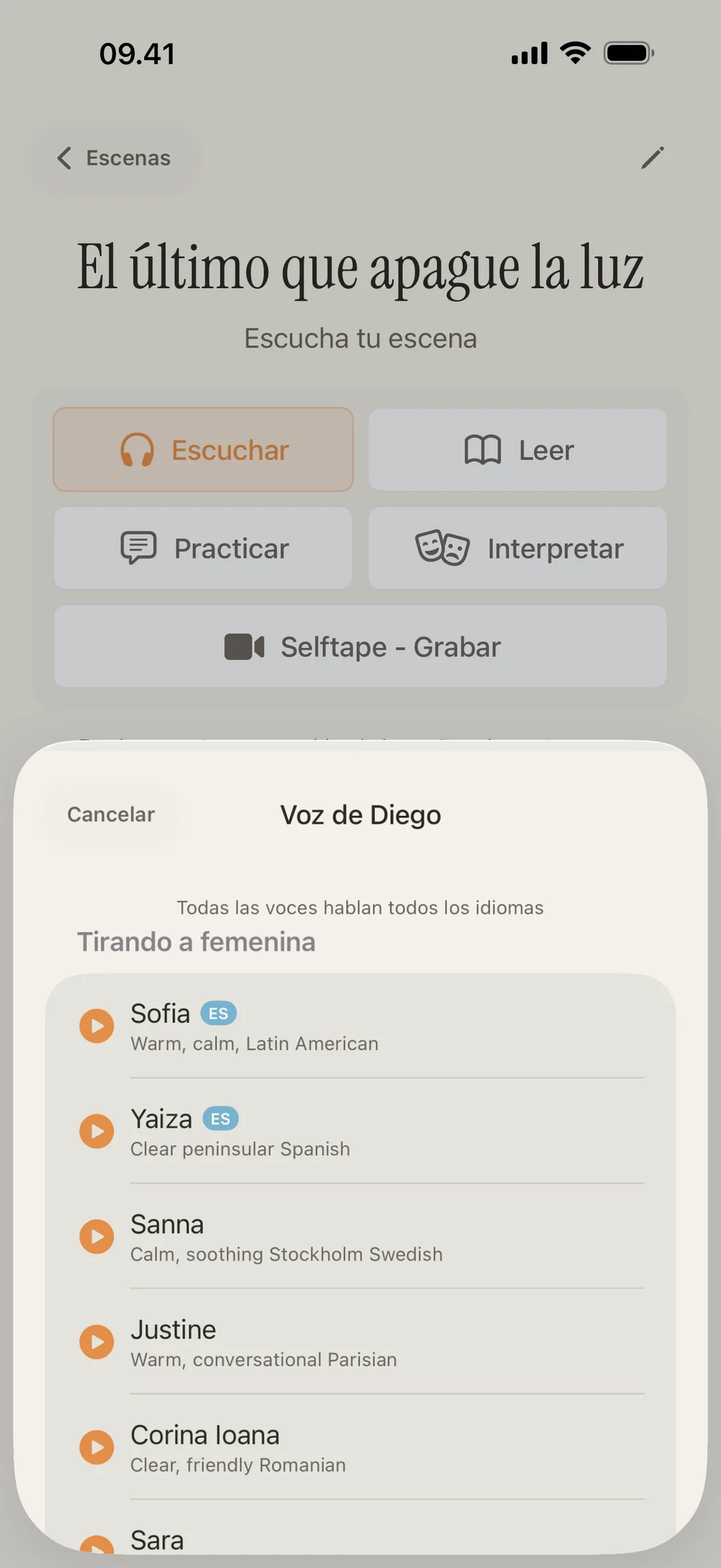 Captura de la biblioteca de voces de blablabla con distintas voces de personajes y acentos diferentes