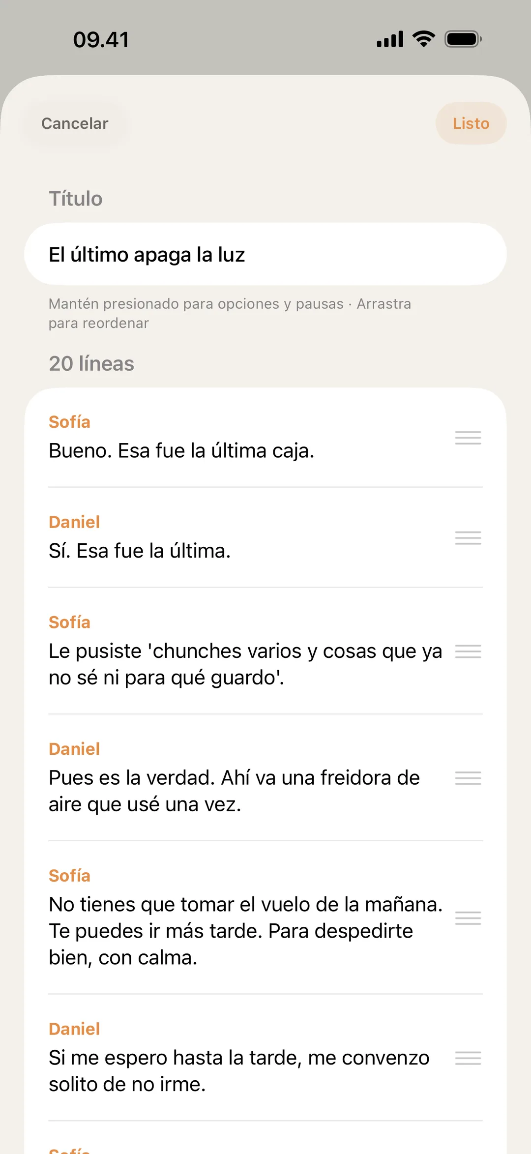 Captura del editor de escenas de blablabla con líneas reordenándose y editándose