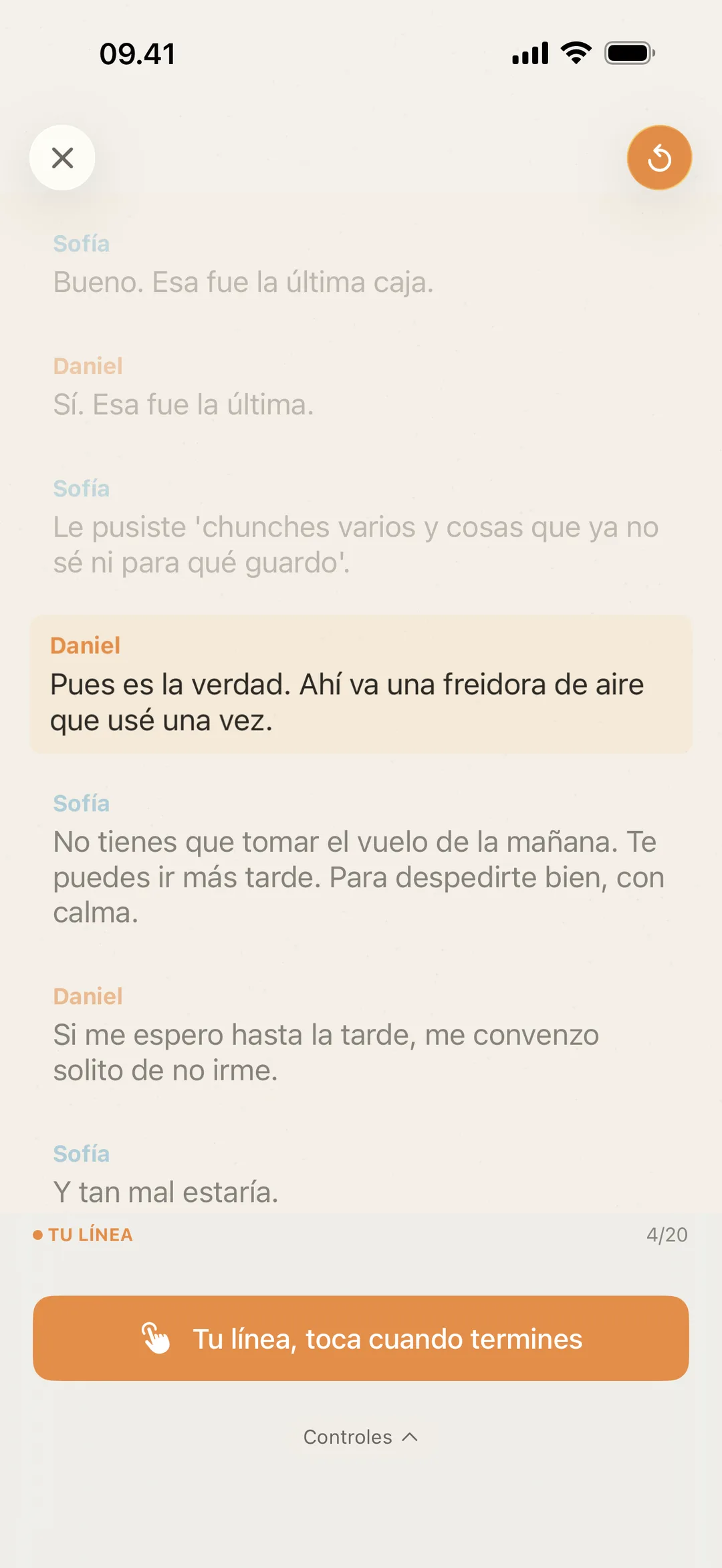 Captura de blablabla esperando el turno del actor, con un aviso para tocar en cuanto digas tu línea