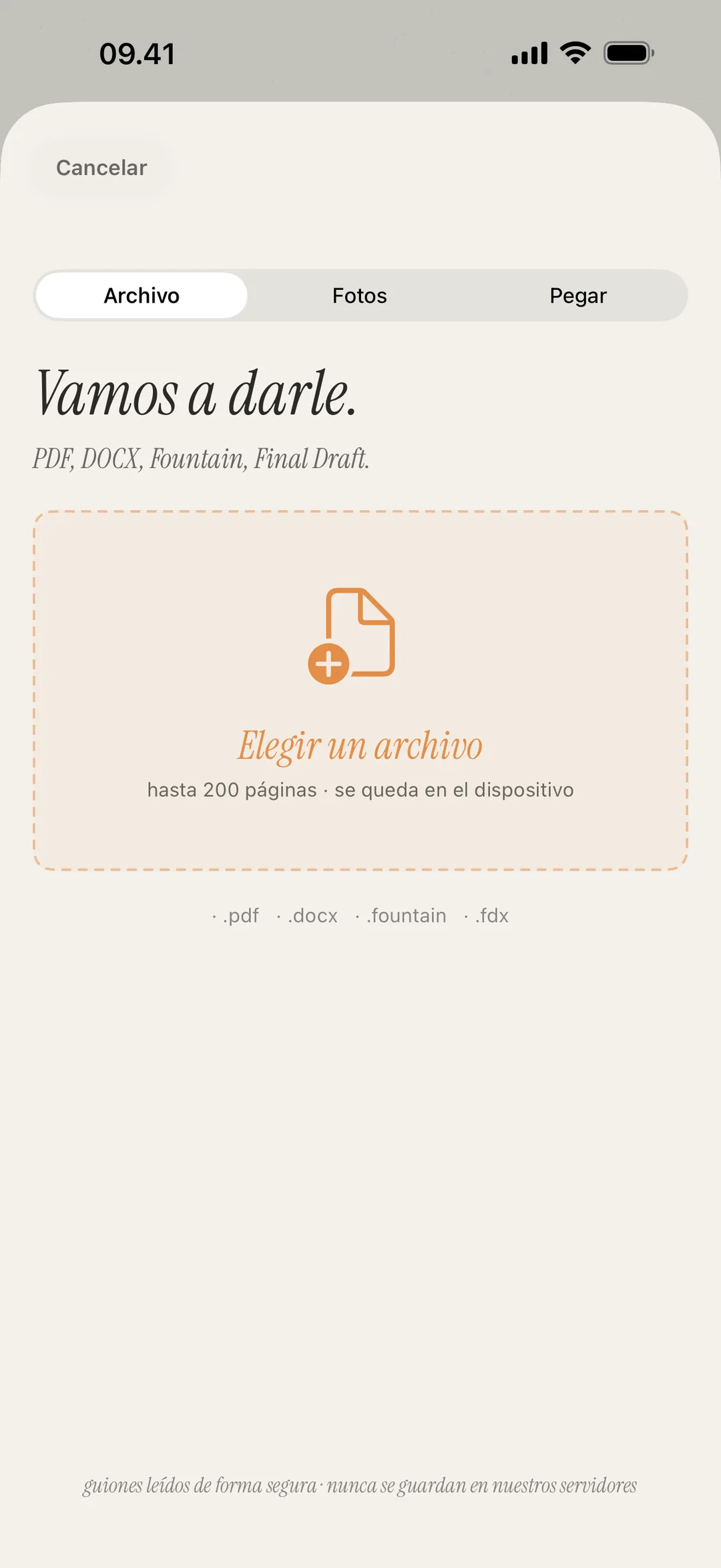 Captura de la pantalla de importación de escenas con soporte para PDF, DOCX, Fountain y formatos de imagen