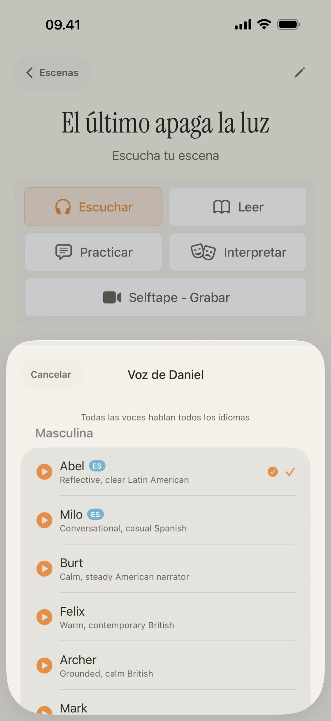 Captura de la biblioteca de voces de blablabla mostrando voces distintas por personaje con diferentes acentos