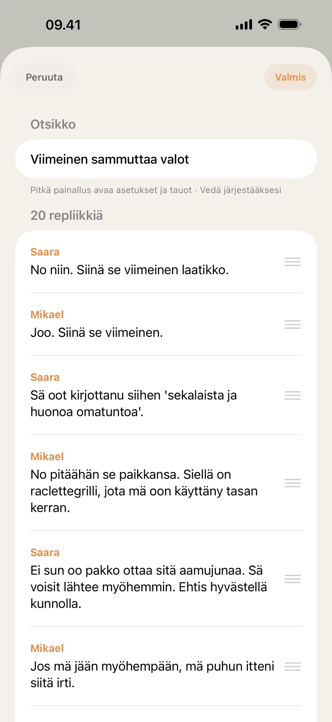 Kuvakaappaus blablablan kohtauseditorista, jossa repliikkejä järjestetään ja muokataan