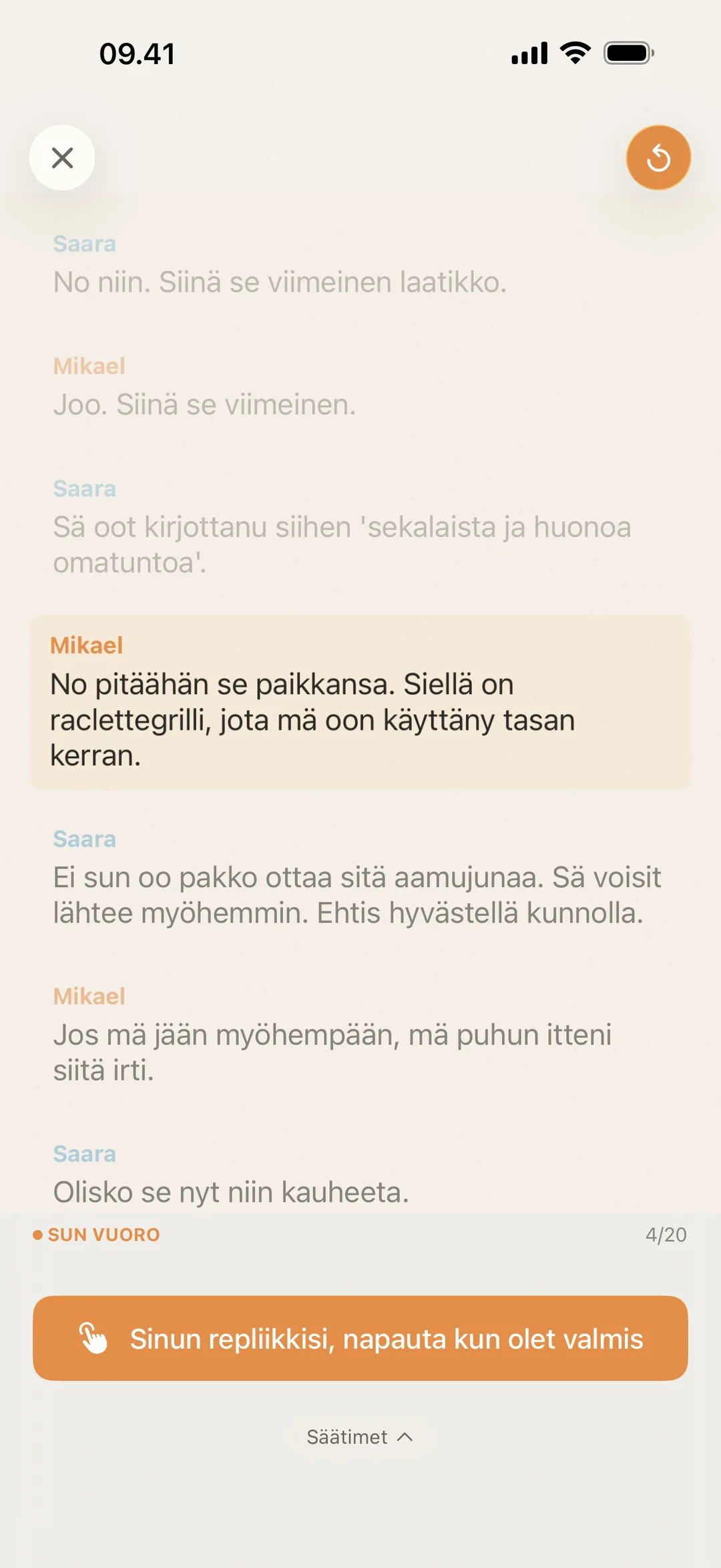 Kuvakaappaus blablablasta odottamassa näyttelijän vuoroa, kehote napauttaa kun oma repliikki on sanottu