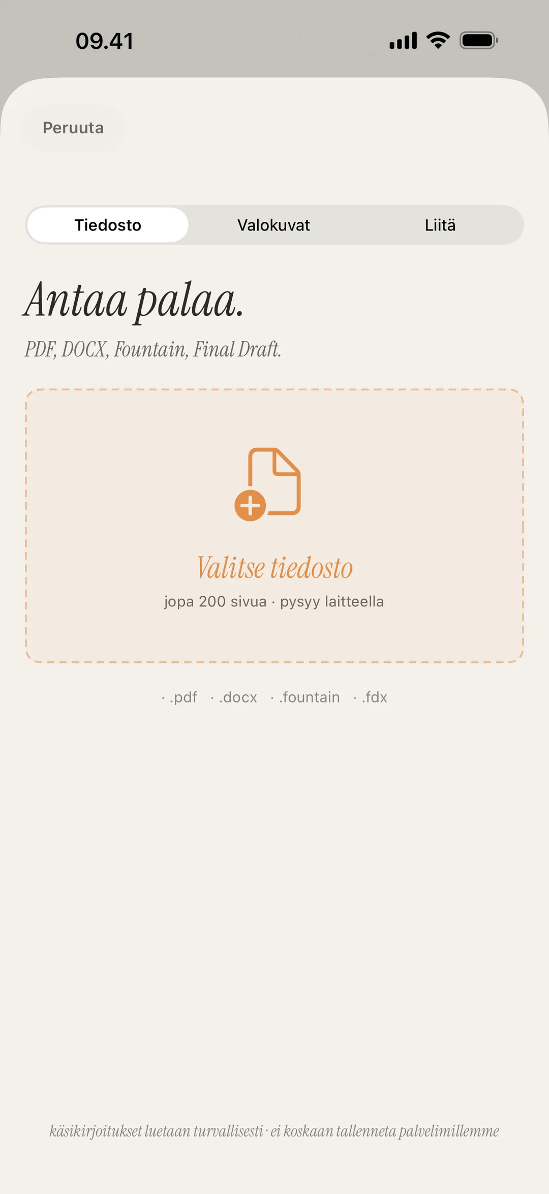 Kuvakaappaus kohtauksen tuontinäytöstä, joka tukee PDF-, DOCX-, Fountain- ja kuvamuotoja