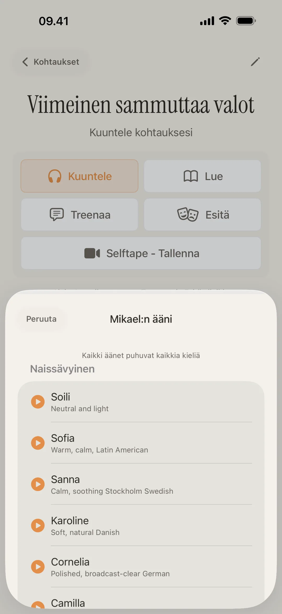 Kuvakaappaus blablablan äänikirjastosta, jossa hahmoilla on omat äänet ja eri aksentit