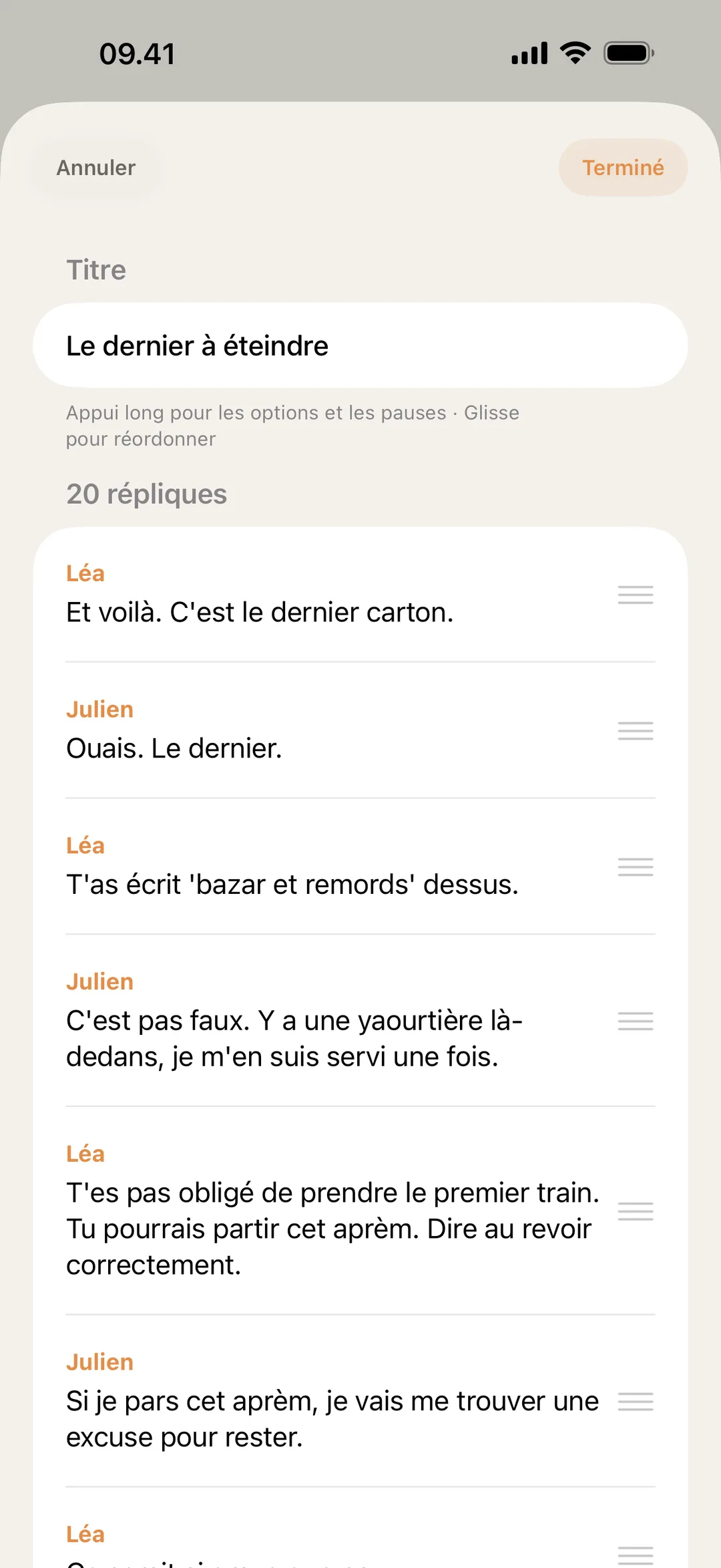 Capture d'écran de l'éditeur de scène blablabla avec des répliques réordonnées et modifiées