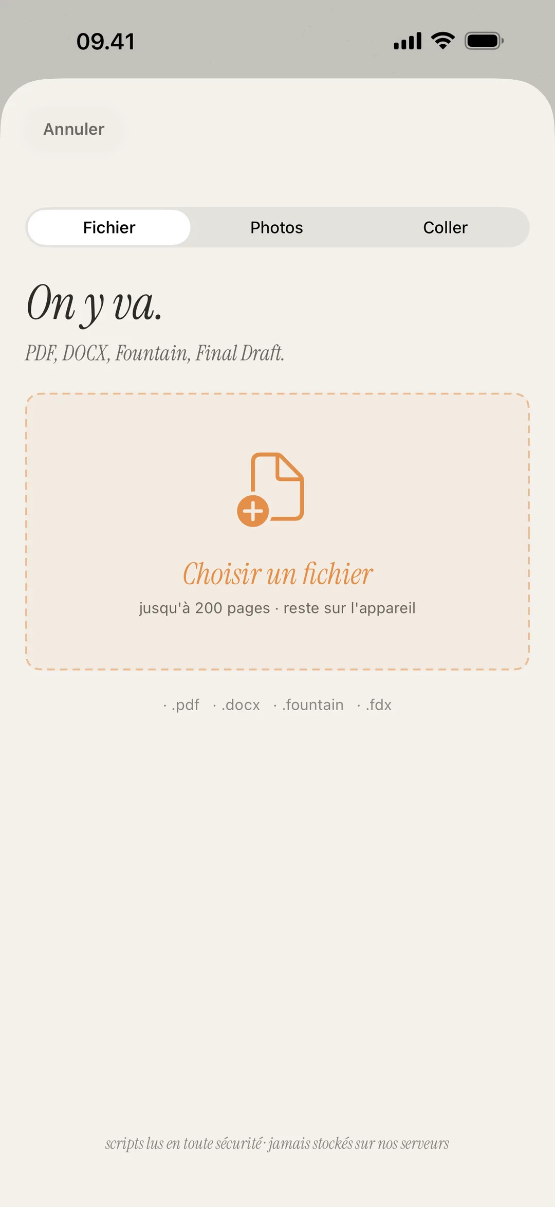 Capture d'écran de l'écran d'import prenant en charge les formats PDF, DOCX, Fountain et image