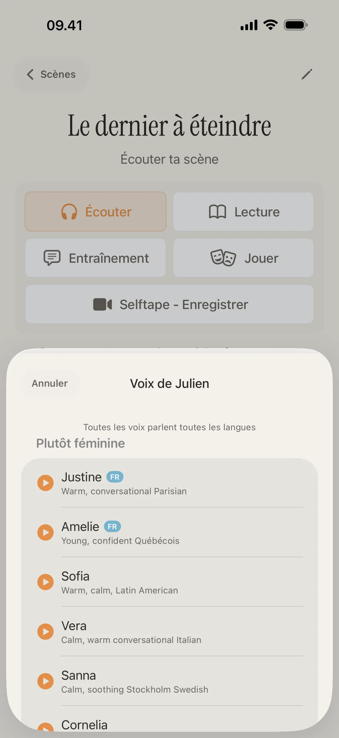 Capture d'écran de la bibliothèque de voix blablabla montrant des voix de personnages distincts aux accents variés
