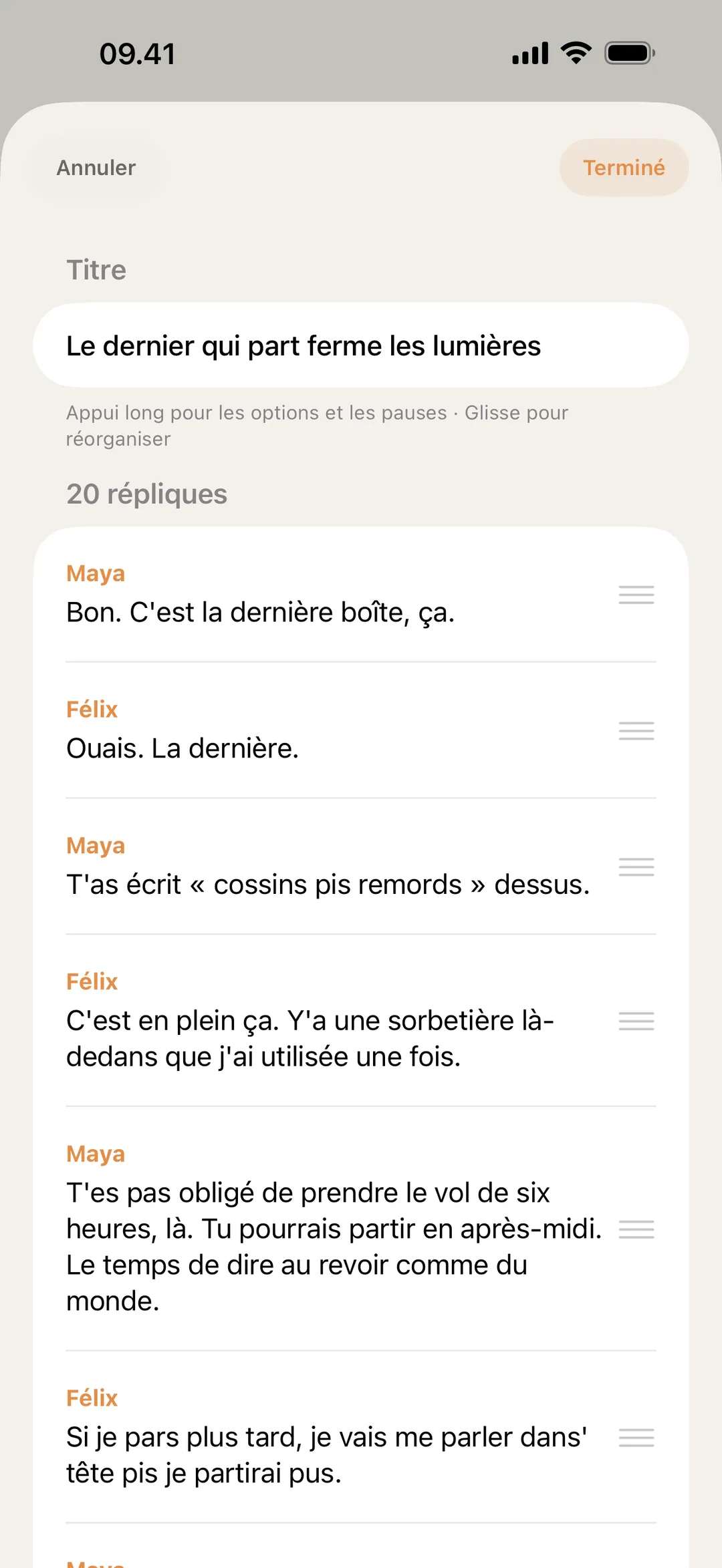 Capture d'écran de l'éditeur de scène blablabla avec des répliques réordonnées et modifiées