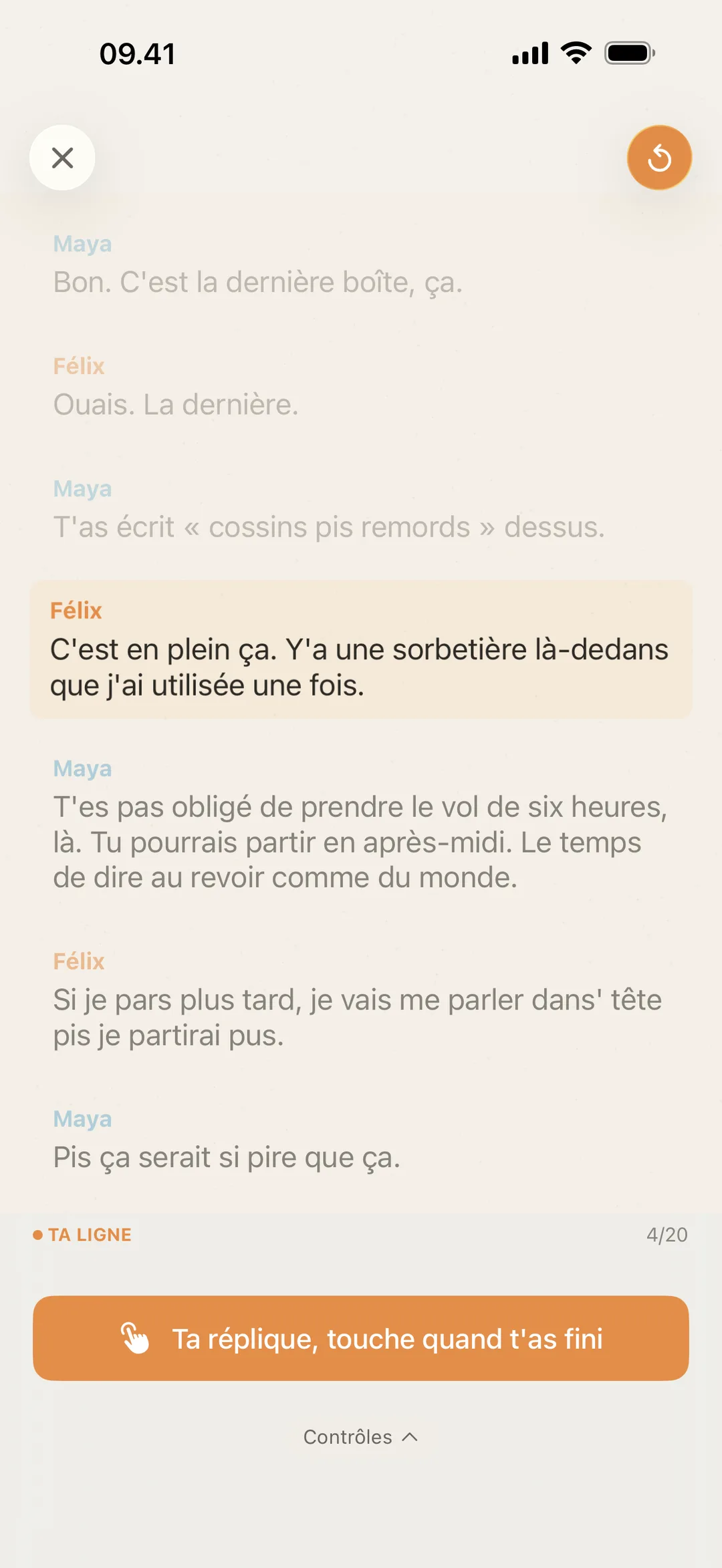 Capture d'écran de blablabla attendant le tour du comédien, avec une invite pour taper une fois la réplique dite