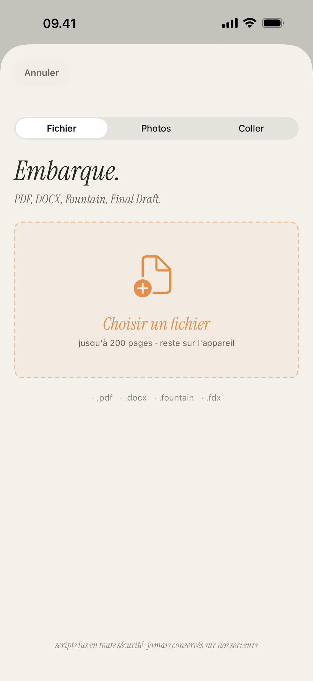 Capture d'écran de l'écran d'import de scène qui prend en charge les formats PDF, DOCX, Fountain et image