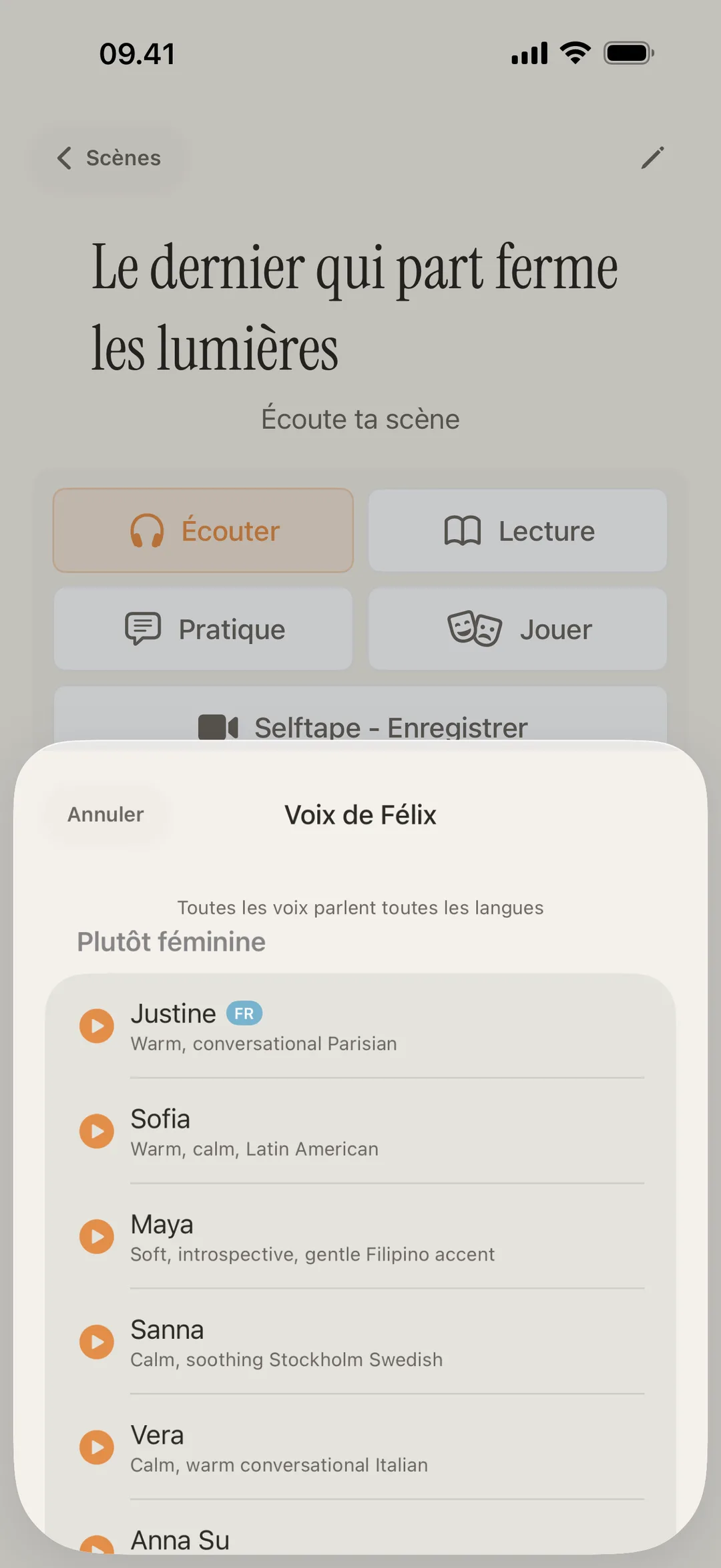 Capture d'écran de la bibliothèque de voix blablabla montrant des voix de personnages distinctes avec différents accents