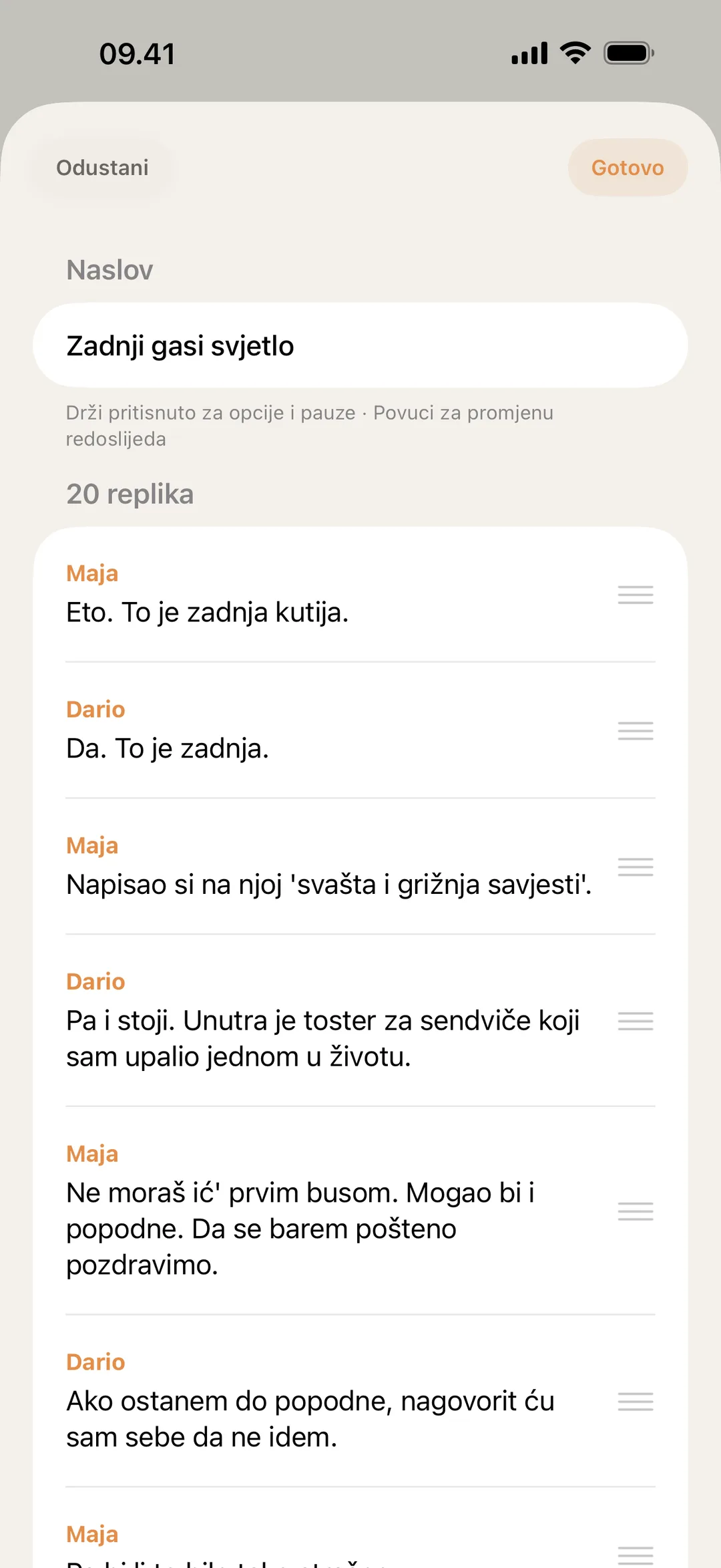 Snimka zaslona blablabla uređivača scene s replikama koje se preslaguju i uređuju