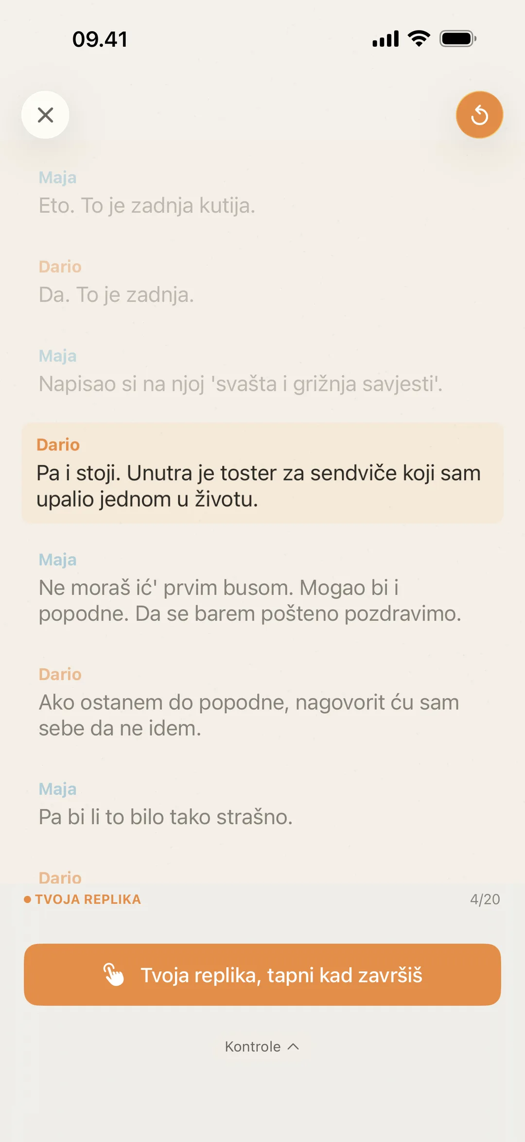Snimka zaslona blablabla koji čeka glumčev red, s uputom da tapne kad izgovori svoju repliku