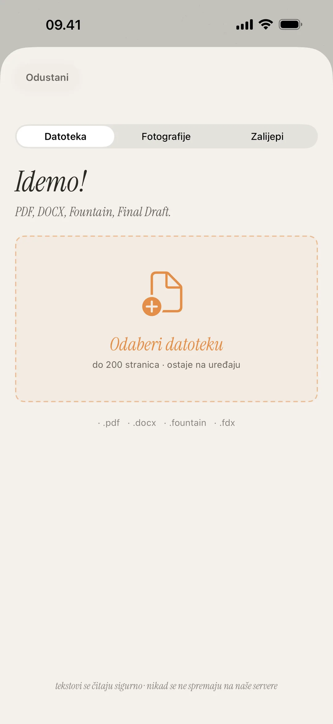 Snimka zaslona ekrana za uvoz scene koji podržava PDF, DOCX, Fountain i slikovne formate