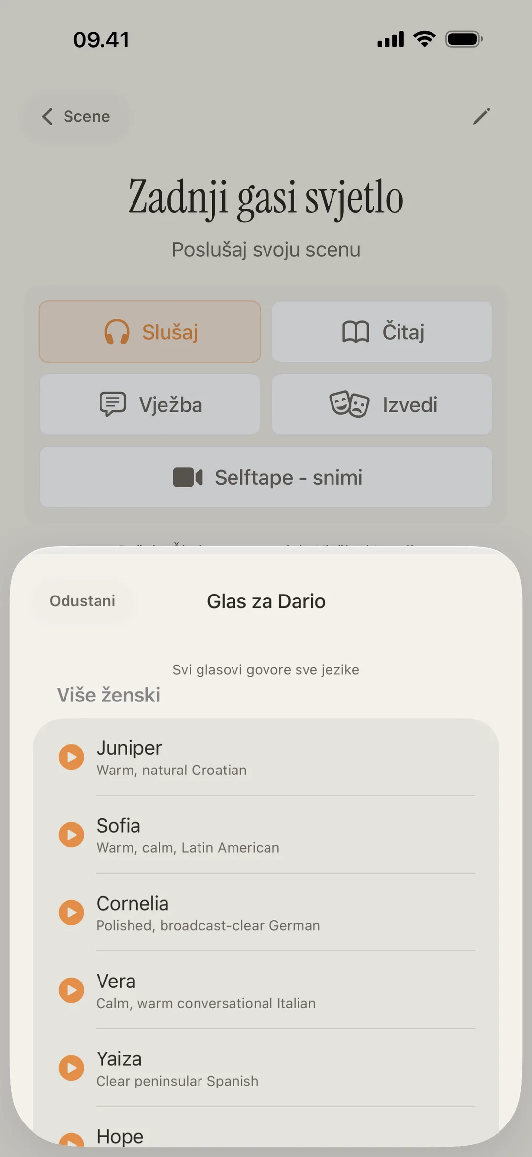 Snimka zaslona blablabla knjižnice glasova s posebnim glasovima likova i različitim naglascima