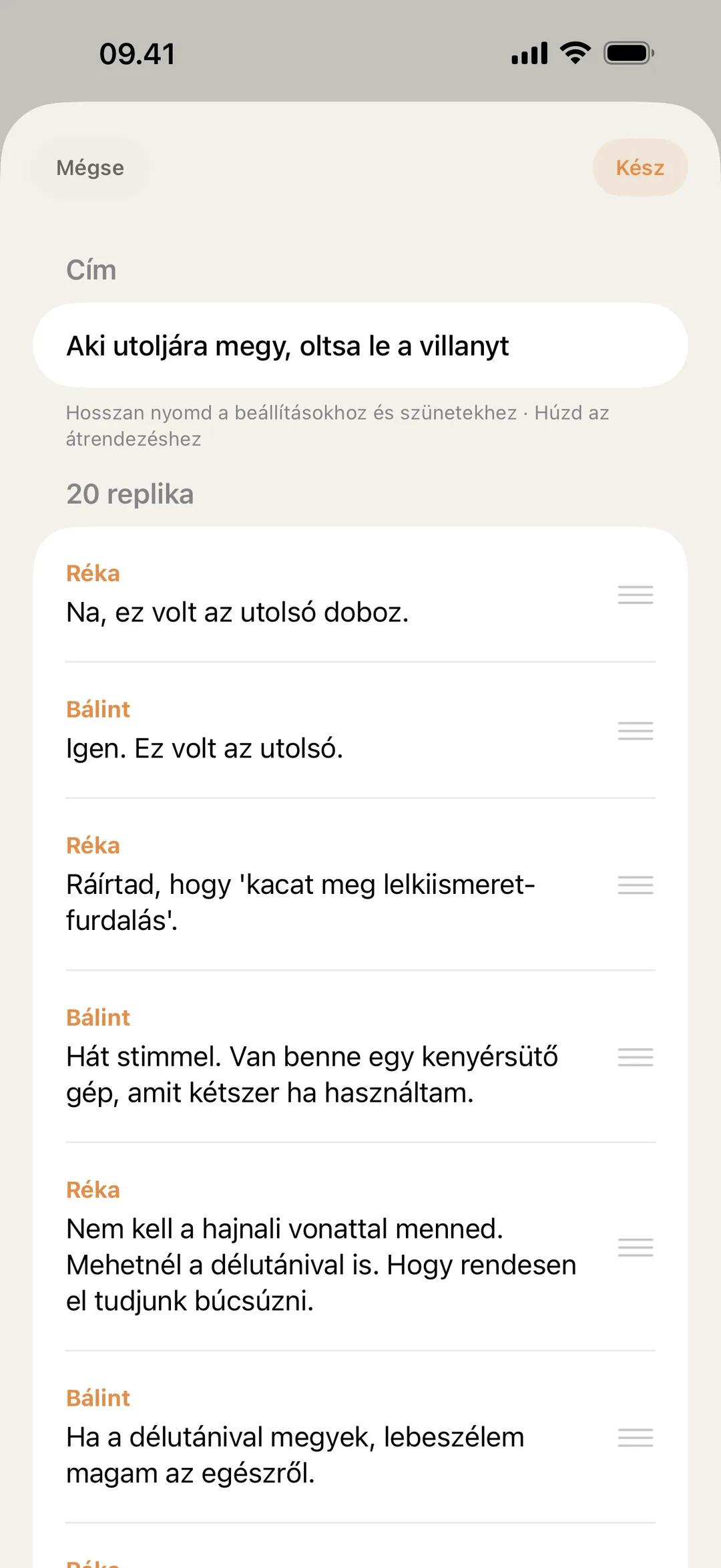 blablabla jelenetszerkesztő képernyőkép, replikák átrendezése és szerkesztése közben