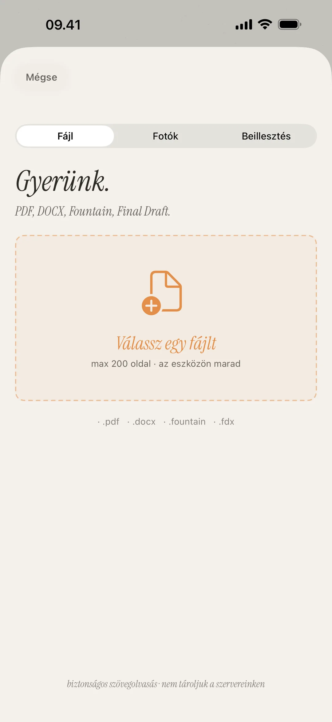 Jelenetimport képernyőkép PDF, DOCX, Fountain és képformátumokhoz