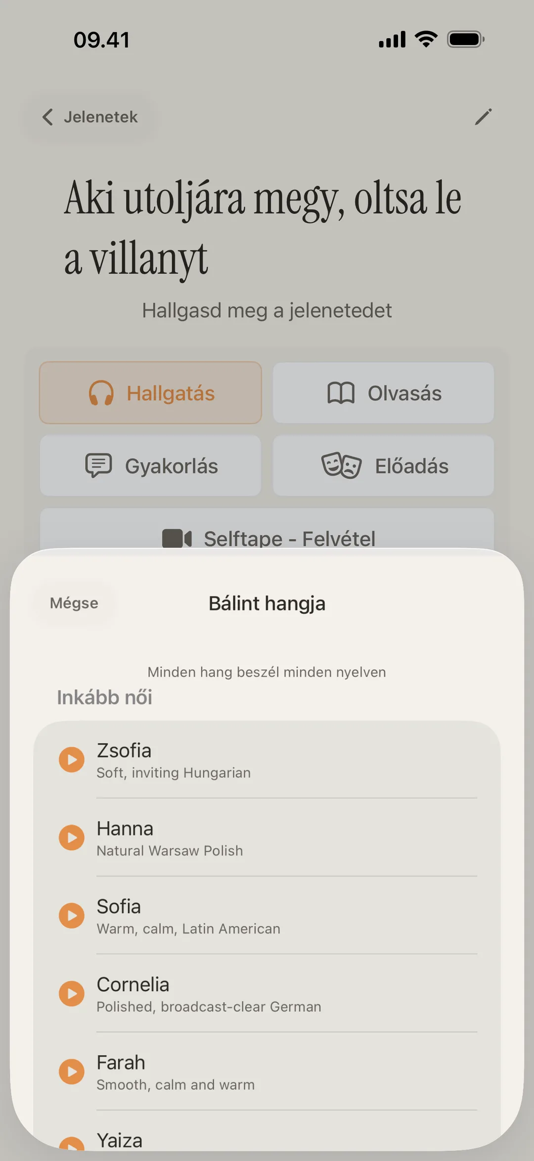 blablabla hangtár képernyőkép, különböző karakterhangok eltérő akcentussal