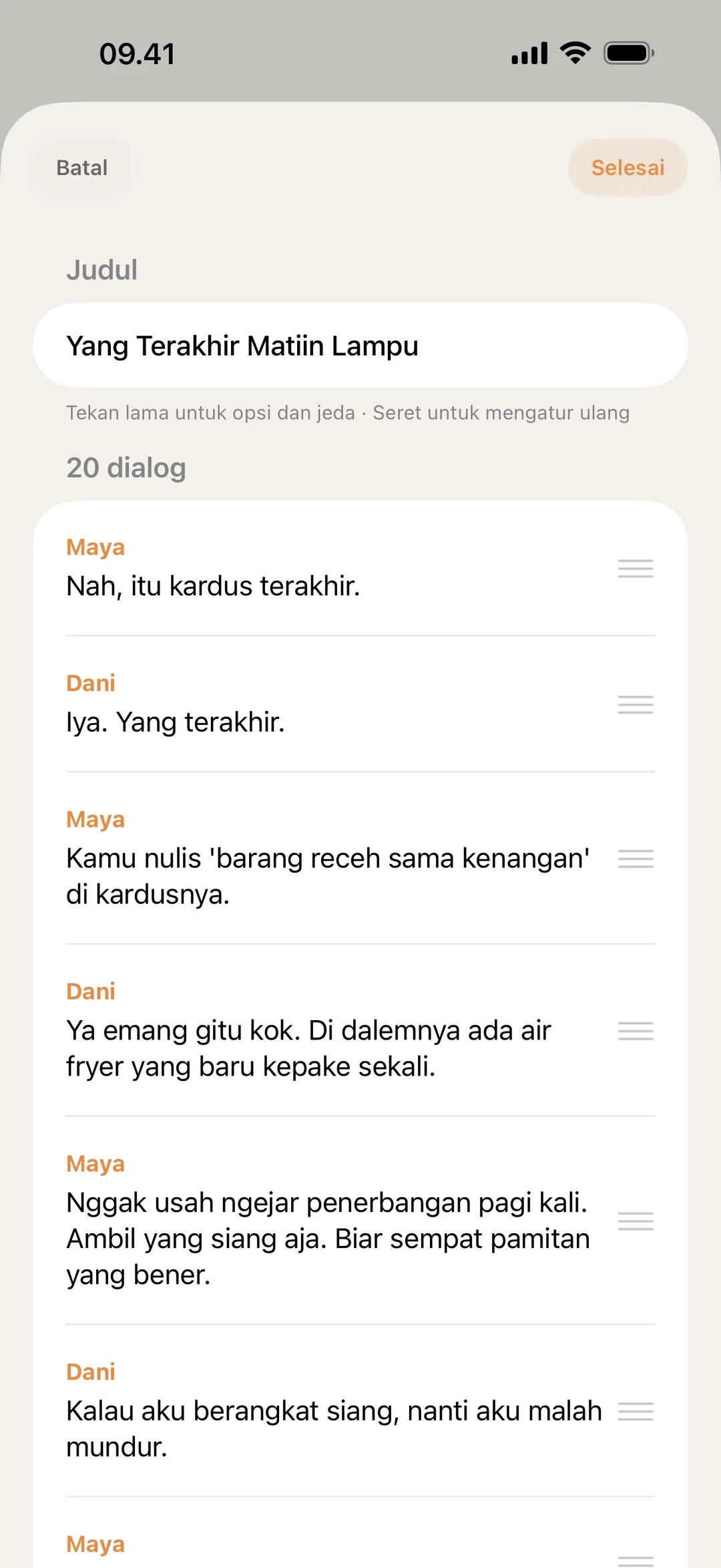 Tangkapan layar editor adegan blablabla dengan dialog yang sedang disusun ulang dan diedit