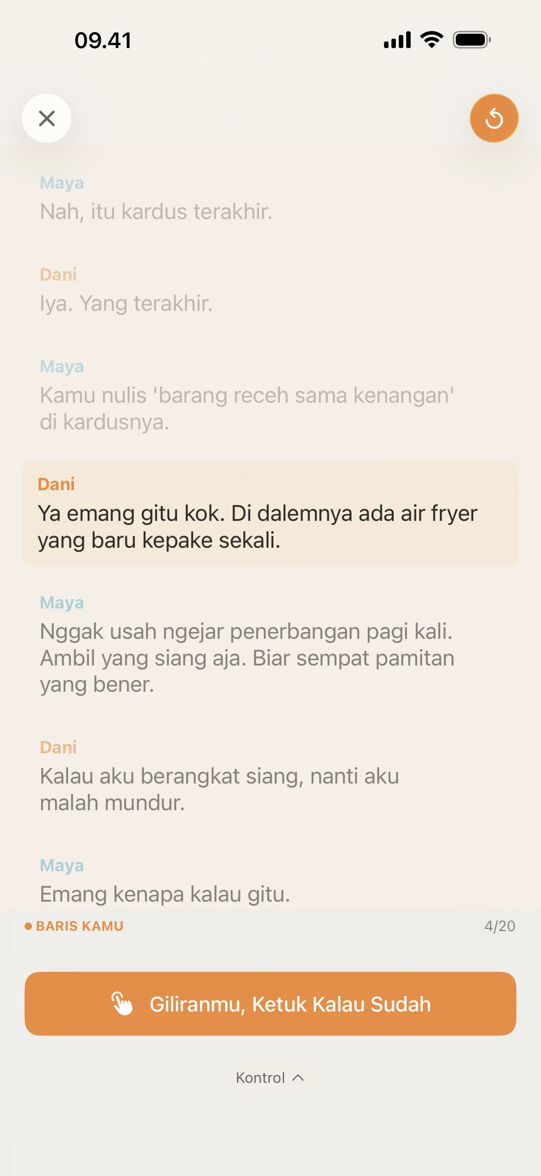 Tangkapan layar blablabla sedang menunggu giliran aktor, dengan petunjuk untuk mengetuk setelah dialog diucapkan