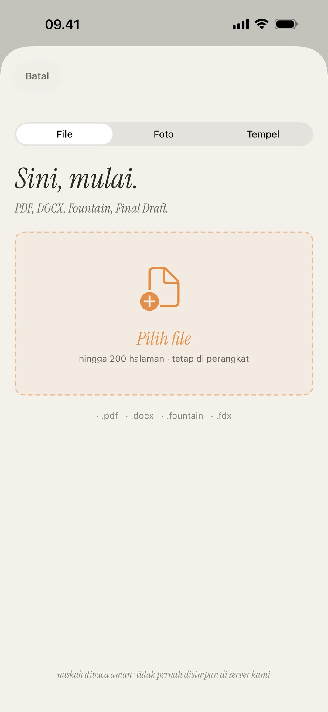 Tangkapan layar layar import adegan yang mendukung format PDF, DOCX, Fountain, dan gambar