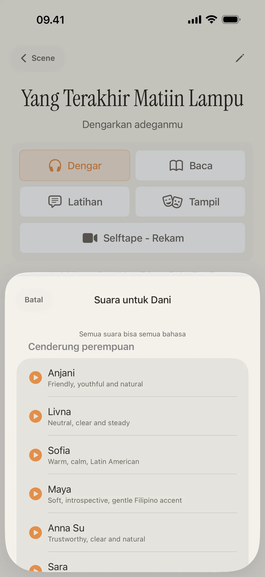 Tangkapan layar perpustakaan suara blablabla yang menampilkan suara karakter berbeda dengan aksen beragam